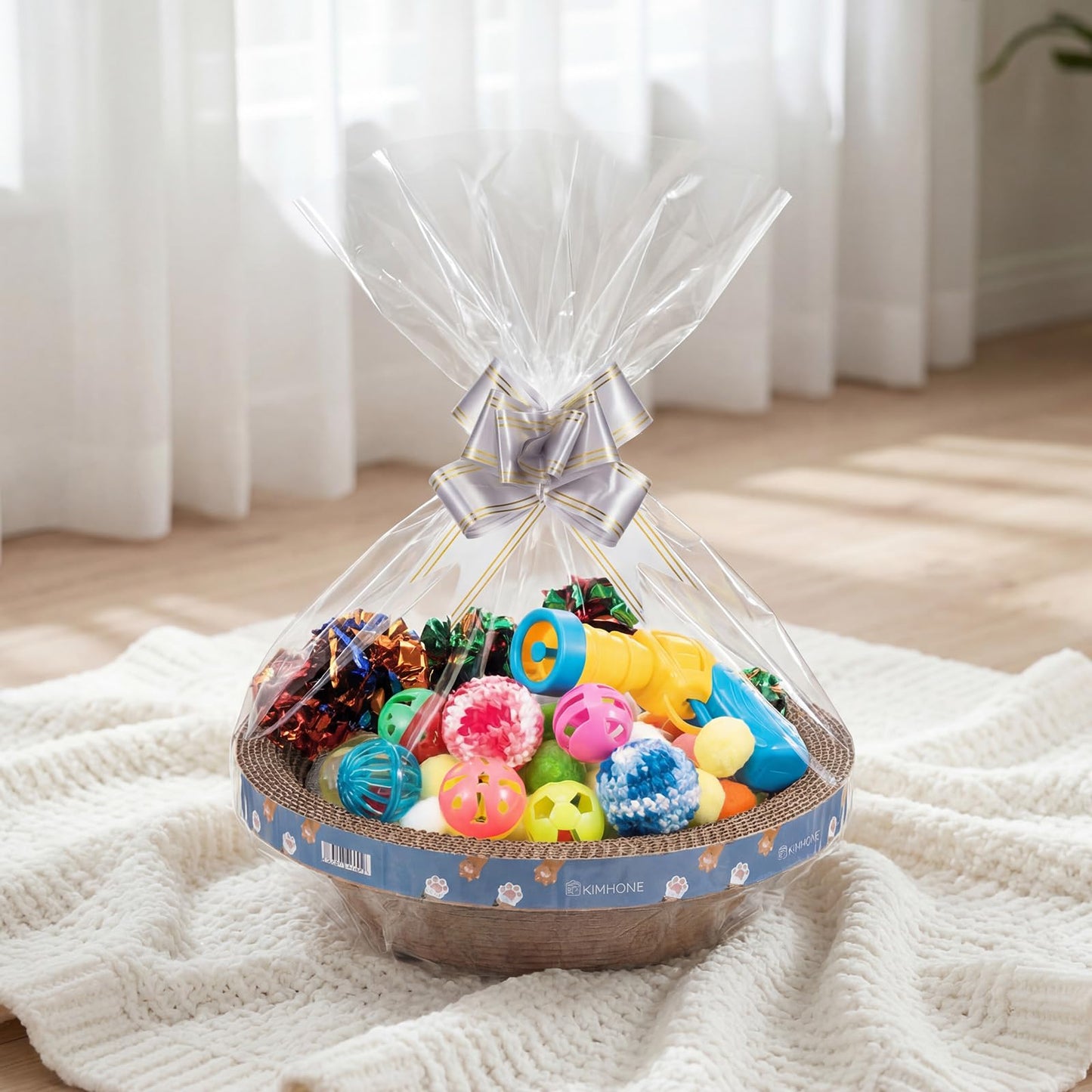 Zopeal 64 Pcs Easter Cat Toy Gift Set Magic Cat Scratcher Board Ball Launcher Gun Crinkle and Yarn and Plastic Bell Ball Kitten Toy with Bow for Pet Interactive Engaging Gift(Bowl Shape)