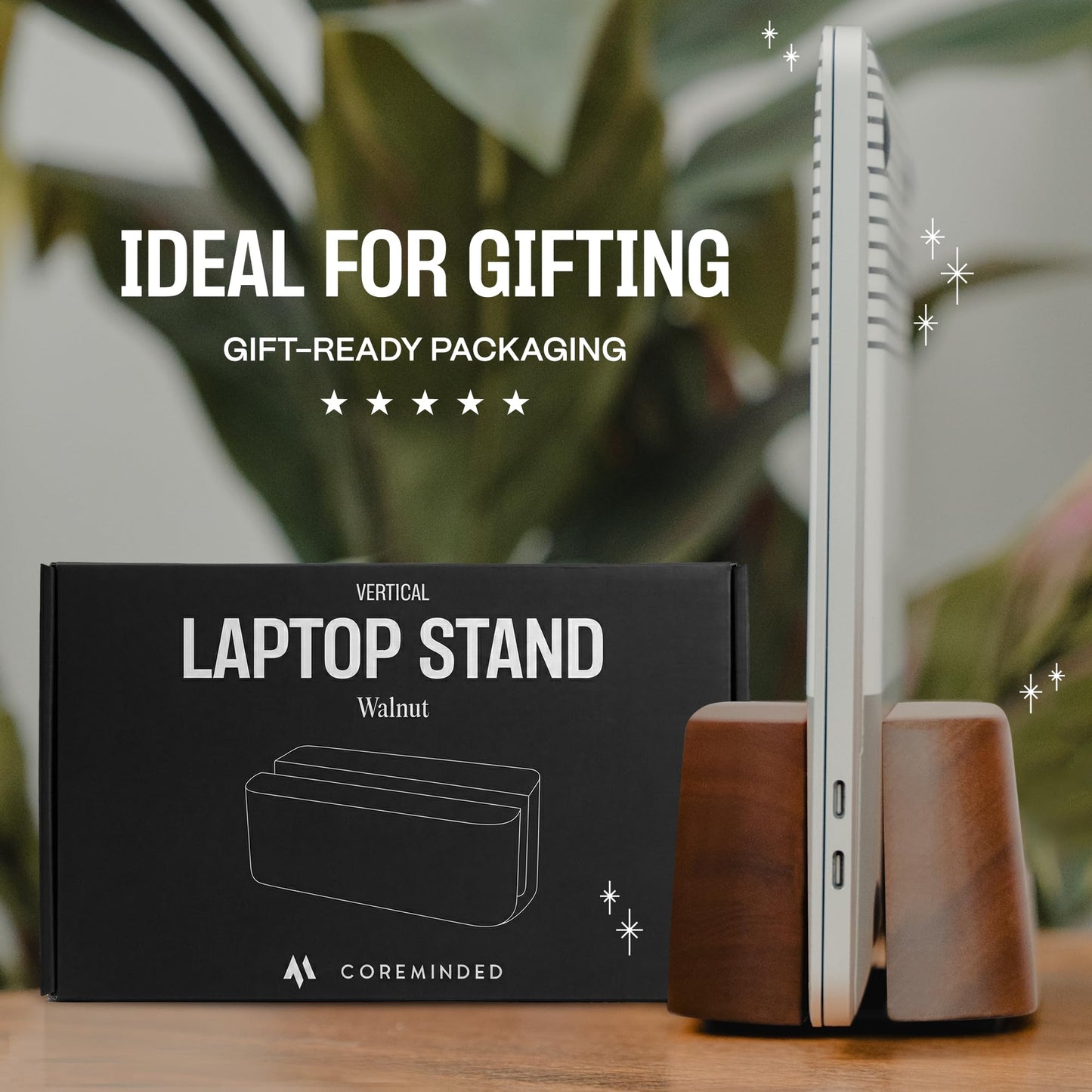 COREMINDED Adjustable Vertical Laptop Stand for Desk, Wooden Laptop Holder, MacBook Pro Stand, Wood Mac Air Dock (Solid Walnut)