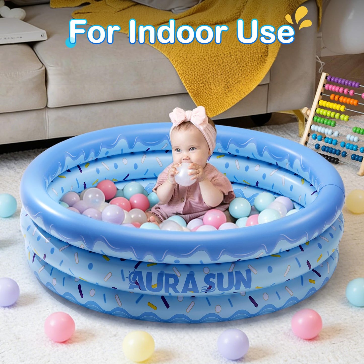 Inflatable Baby Pool Small Kiddie Swimming Pool, 3 Rings Round Pad Pool for Kids & Toddler, 48"X12" Portable Indoor Ball Pit Toys, Outdoor Water Play for Girl/Boy (Blue)
