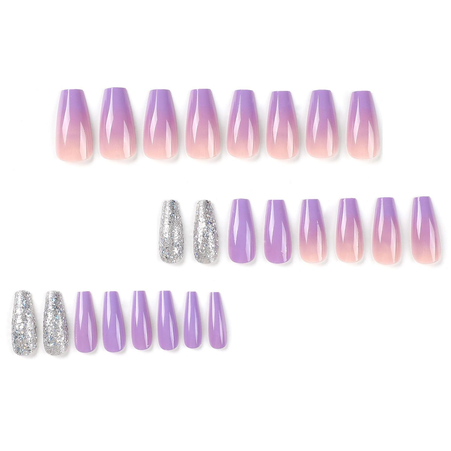 SWEKKE Medium Coffin Purple French Gradient Full Cover False Nails with Glitter Designs - Reusable Artificial Acrylic Glossy Glue on Nails for Women's Manicure