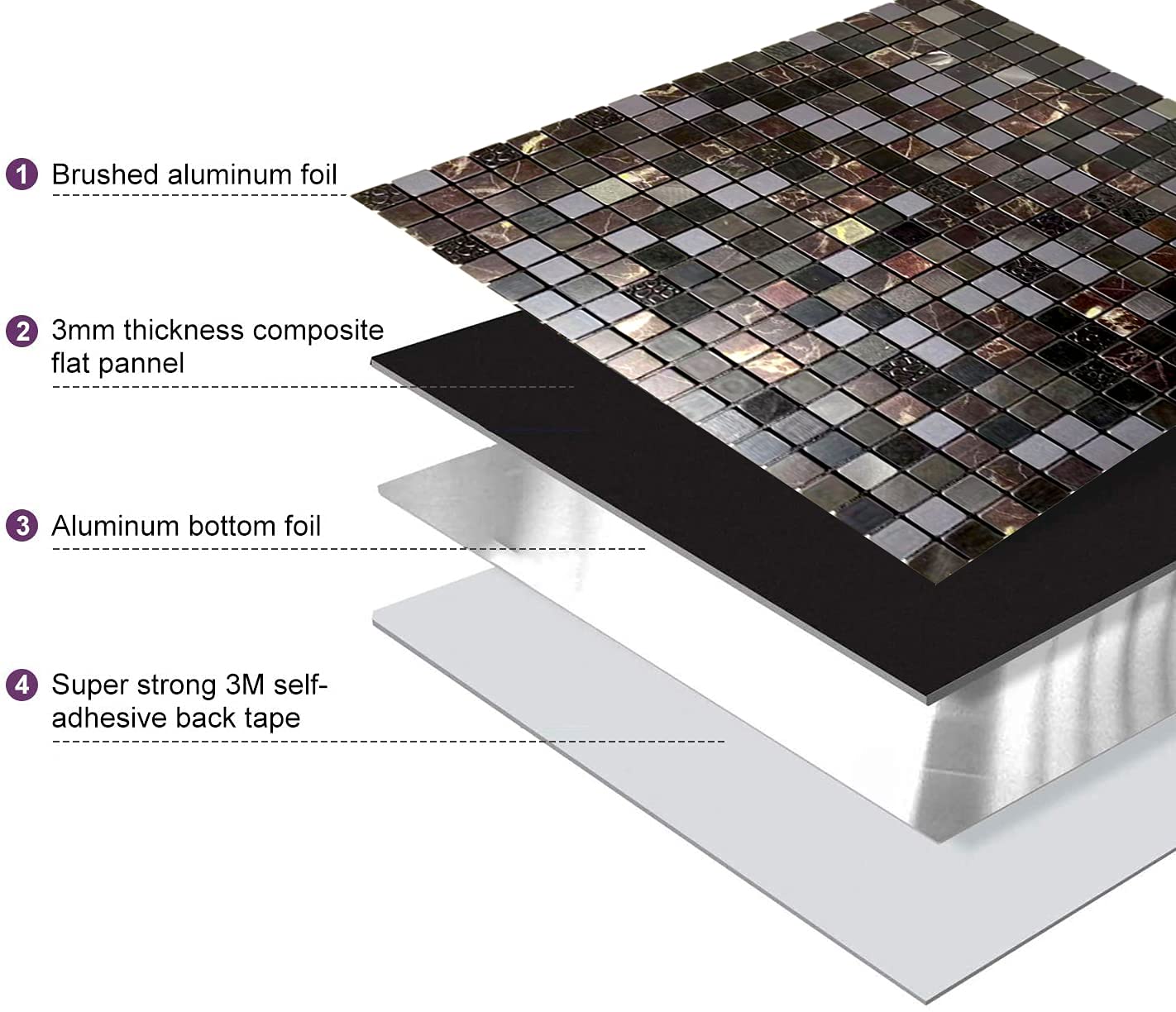 XUANINY Peel and Stick Backsplash Tiles for Kitchen,Bathroom,Fireplace,Self Adhesive Metal Aluminum Mosaic (12"x12") (10, Black Mix)