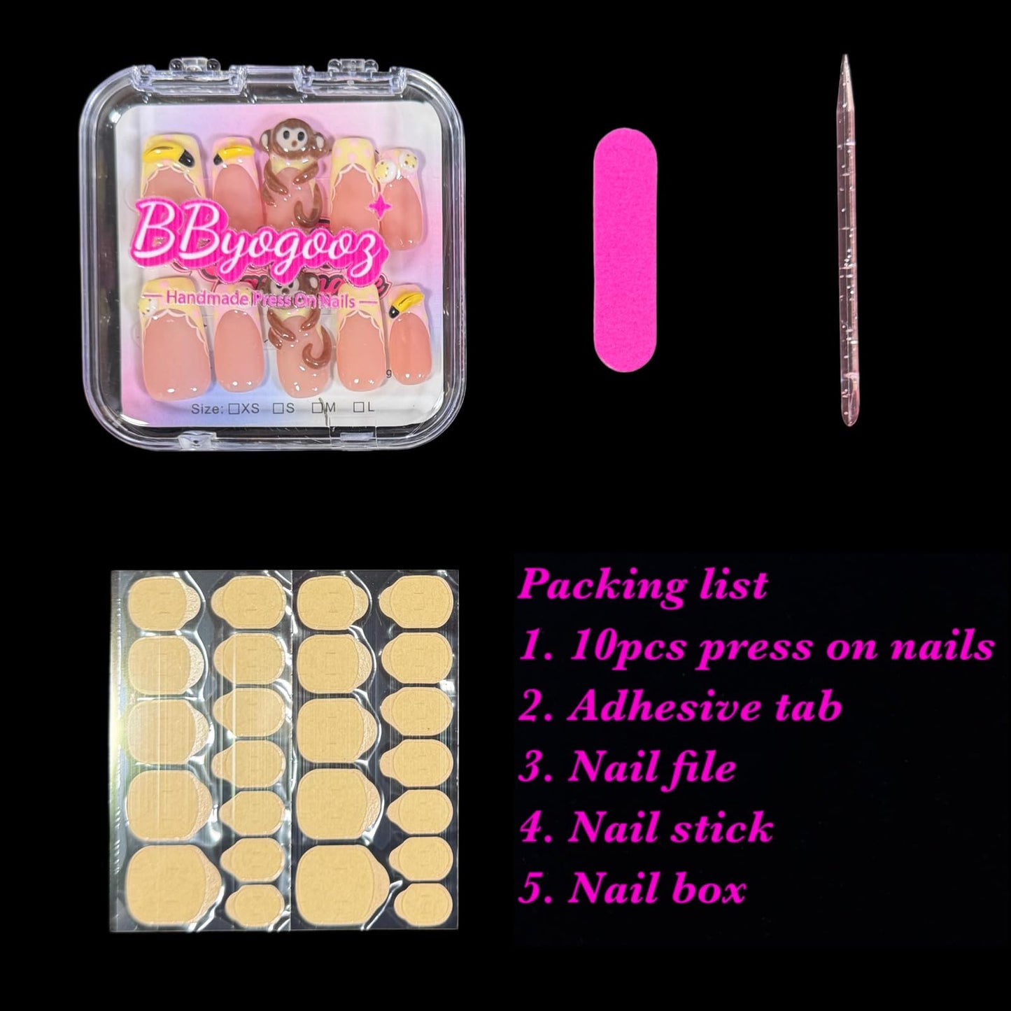 Handmade Press On Nails Cute Monkey 3D Cartoon Banana Lace Trim Medium/Short Square Acrylic False Nails Kawaii Polka Dot (L)