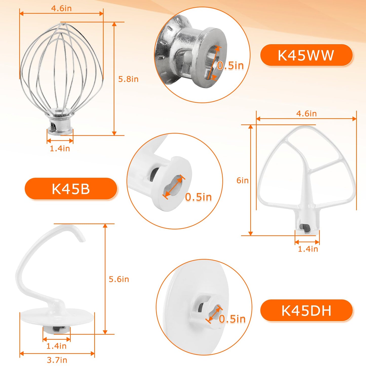 3 Pack Mixer Attachments for Kitchen Aid 4.5-5 Quart Tilt-Head Stand Mixers, Heavy-Duty Metal,Includes K45DH Dough Hook, K45B Flat Beater,K45WW Wire Whip, Dishwasher Safe Replacement Kit by TOMOON