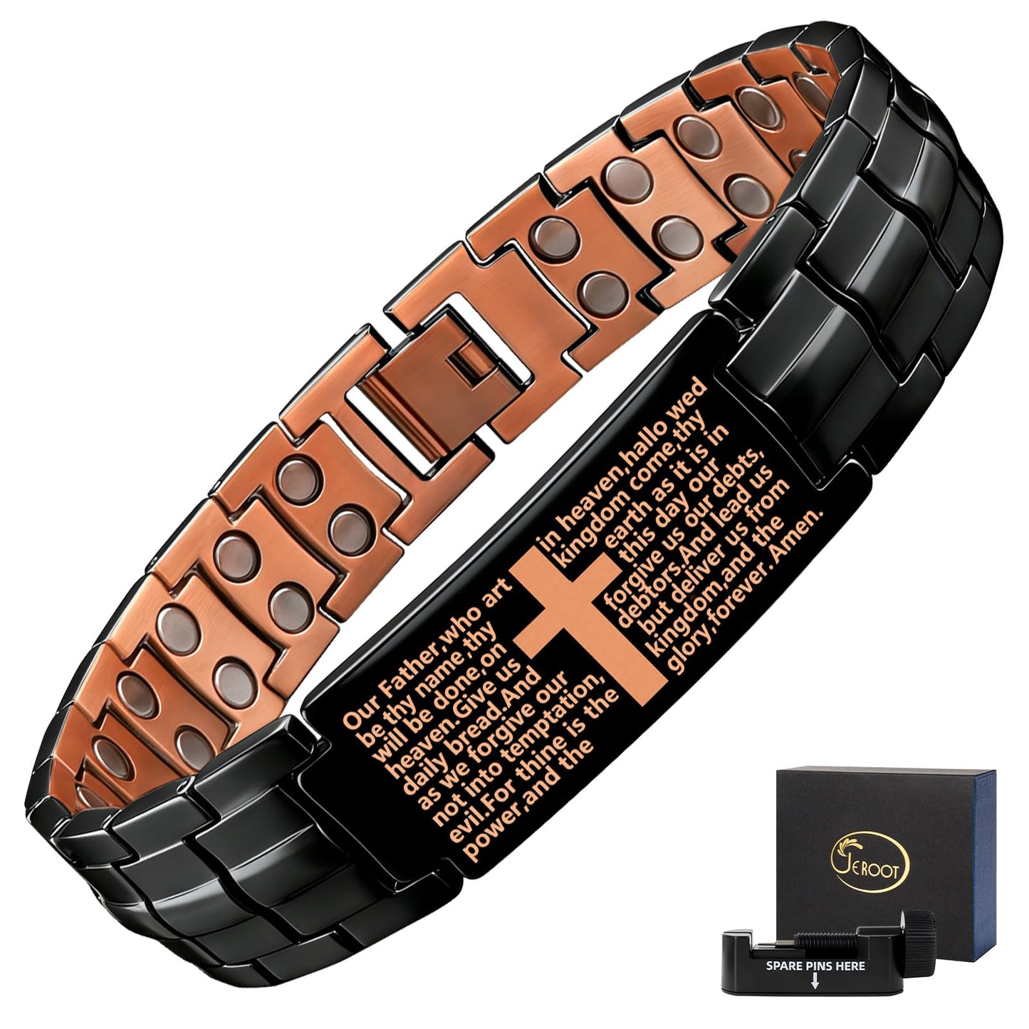 JEROOT Men's 99.99% Pure Copper Magnetic Bracelet, 3500 Gauss Magnets Adjustable with Sizing Tool