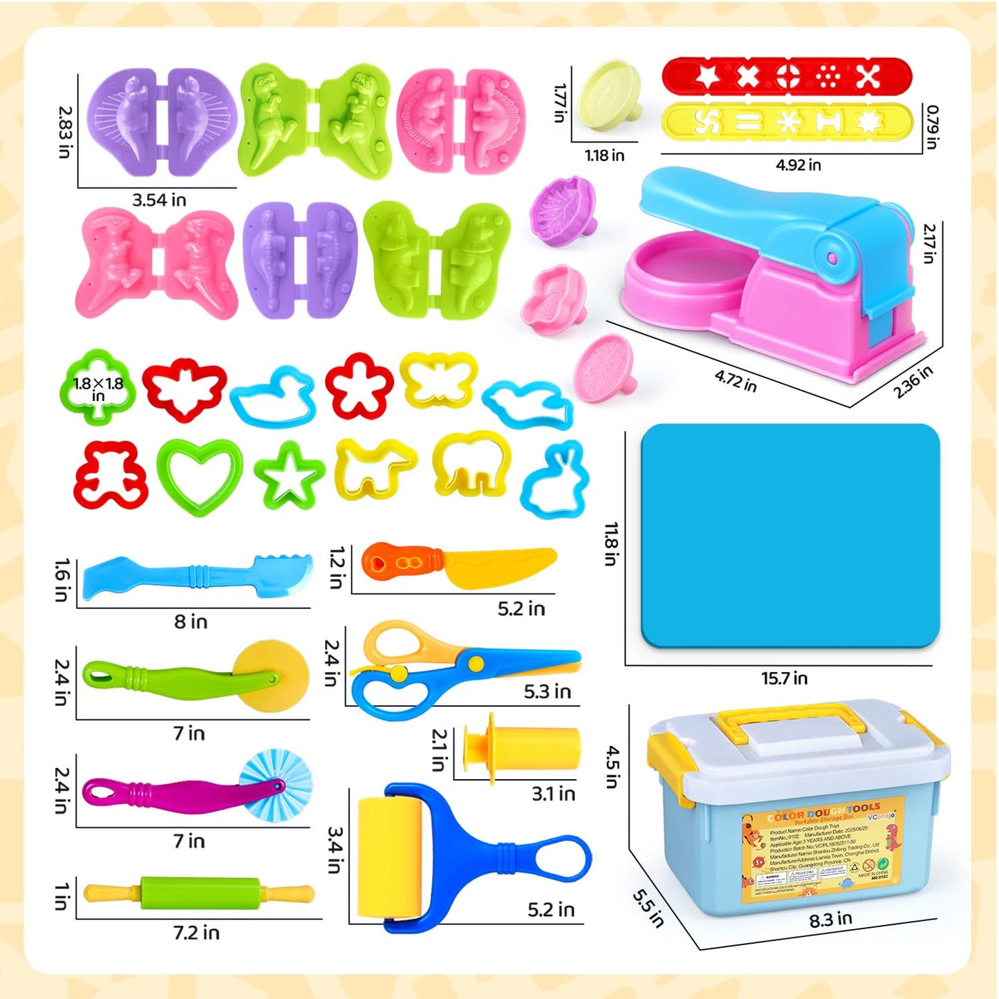 Playdough Tools Sets for Kids, 35Pcs Clay and Dough Tools Accessories Set with Silicone Mat & Storage Box, 3D Dino Molds, Animal Cutters, Dough Extruder, Rolling Pins for Educational Play Activities