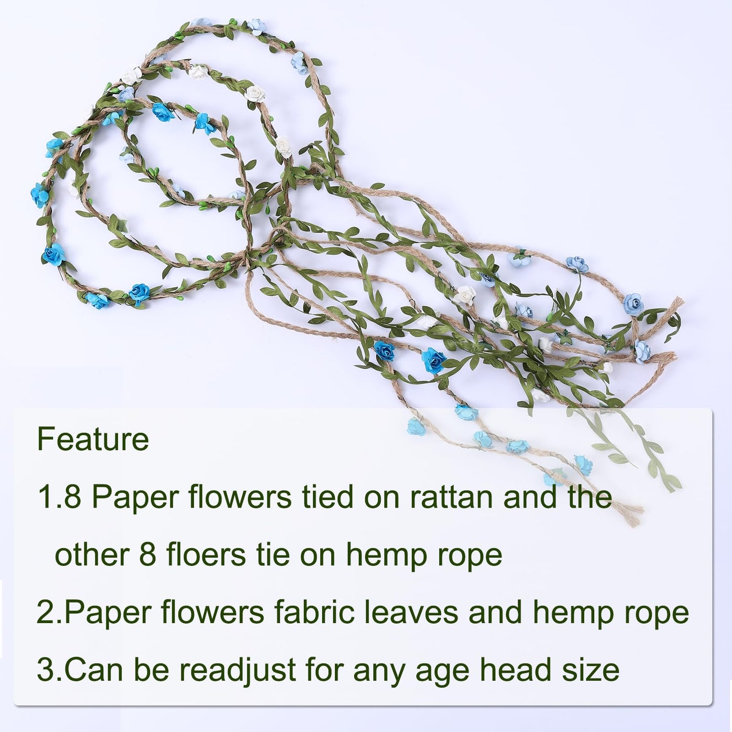 HOPEANT 12PCS Multicolor Flower Crown Floral Headband Wreath Garland Headbands, 16 Pieces Flowers Tie on Ratton and Hemp Rope,Unique Design for Women Wedding Party Photo Props