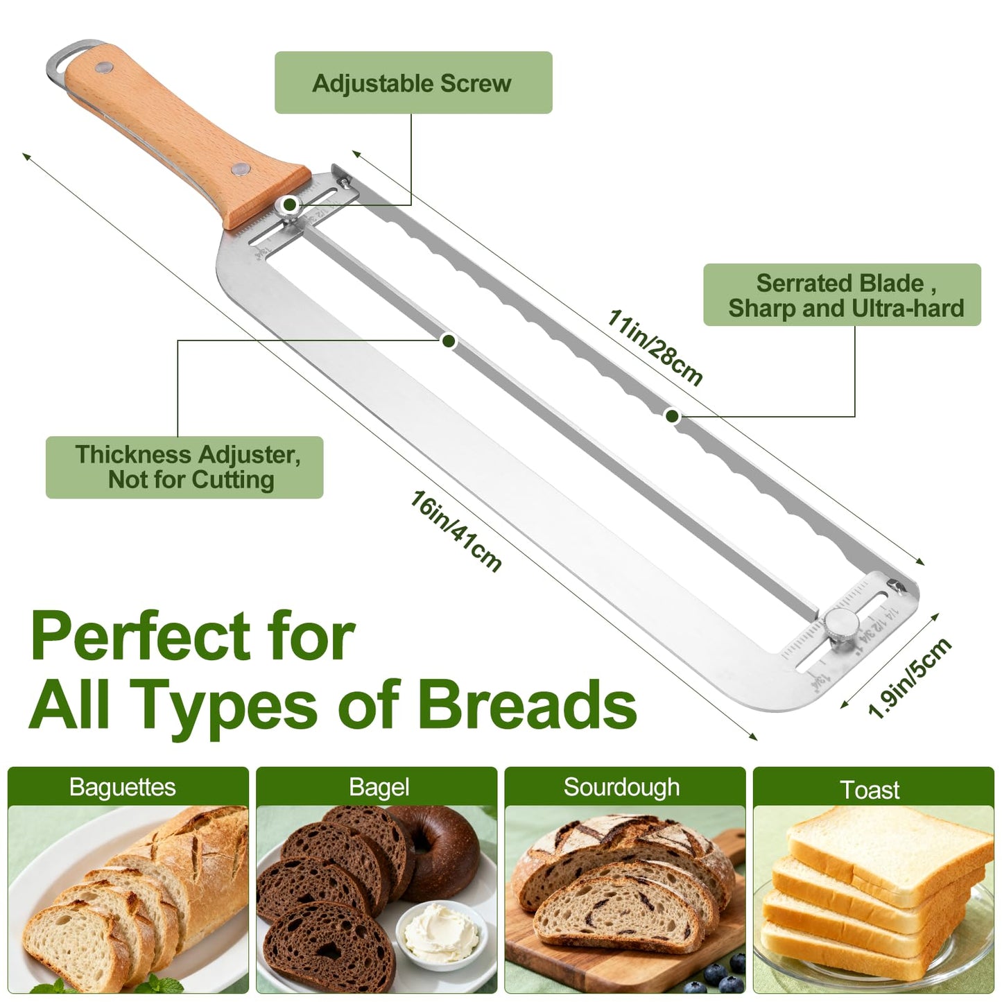Adjustable Bread Slicer for Homemade Bread - Upgrade Manual Sourdough Bread Knife with Thickness Guide, Bread Bow Cutter with Stainless Steel Serrated Blade for Baguettes Bagels, Ideal Gift for Baker