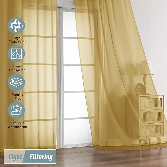 Gold Sheer Curtains for Window 96 Inches Long 2 Panels Set, Soft Airy Light Filtering Voile Sheer Curtains for Living Room Bedroom, Dual Rod Pocket Elegant Window Drapes, 2x42Wx96L Inches