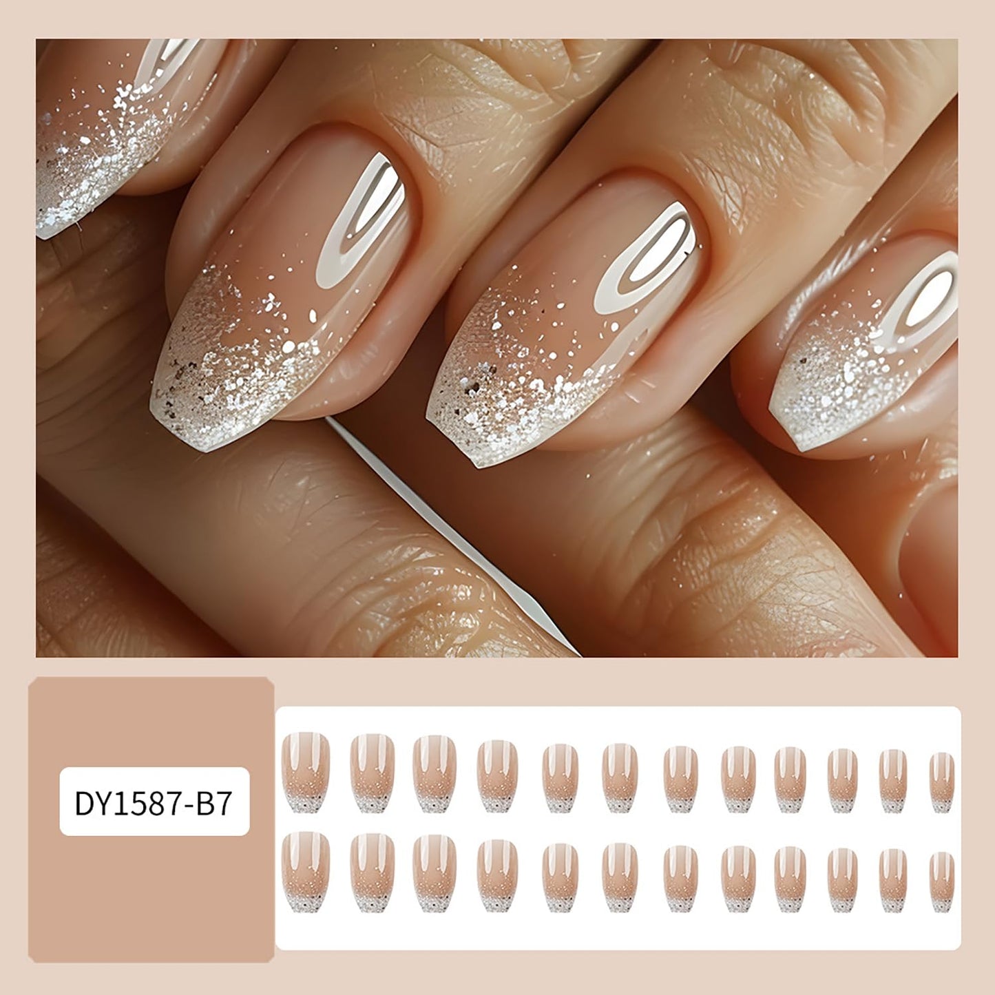 Press On Nails Medium Ballet White Glitter Powder Gradient Stick On False Nude French Coffin Acrylic Full Cover Artificial Reusable Glue On for Women