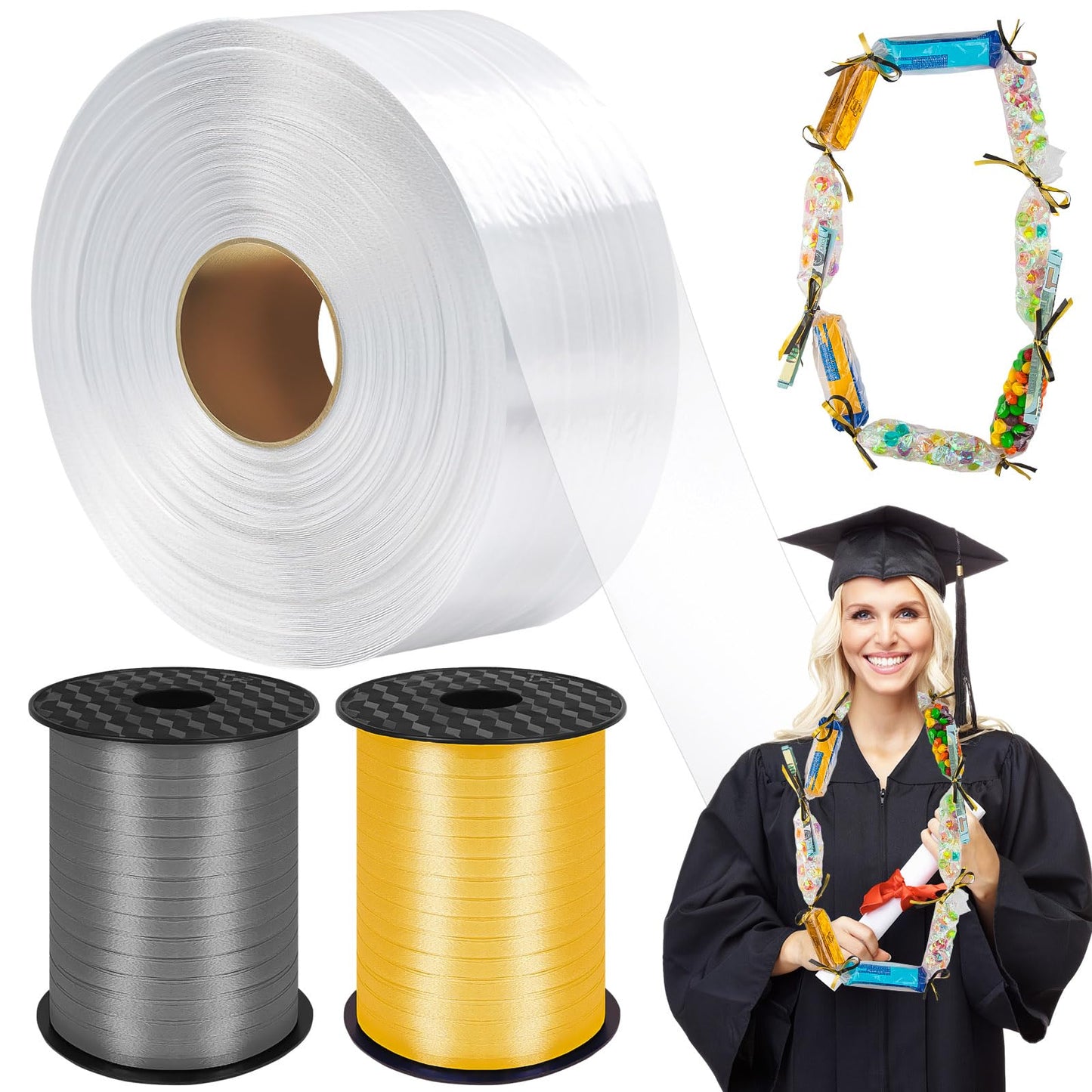 Candy Lei Poly Tubing, 2 Inch x 1000 ft Clear Graduation Candy Lei Making Kit with 2 Rolls 500 YD Ribbon, Clear Shipping Poly Tubing for DIY Graduation Wreaths Packing Snacks