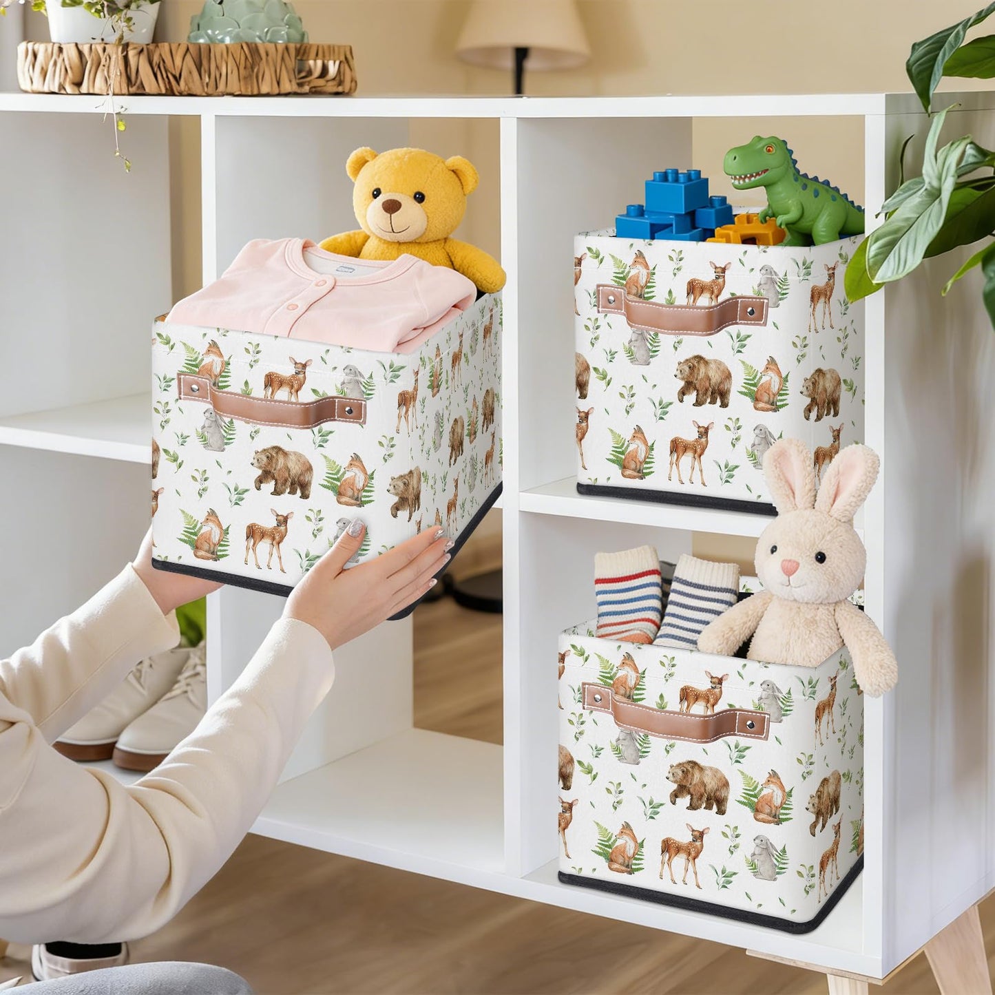 Rectangular Kids Bear Storage Basket Bins - Waterproof Foldable Woodland Animals Storage Box with Sturdy Metal Frame and Handles, Collapsible Organizer for Toys, Blankets in Kids Room Playroom Nursery