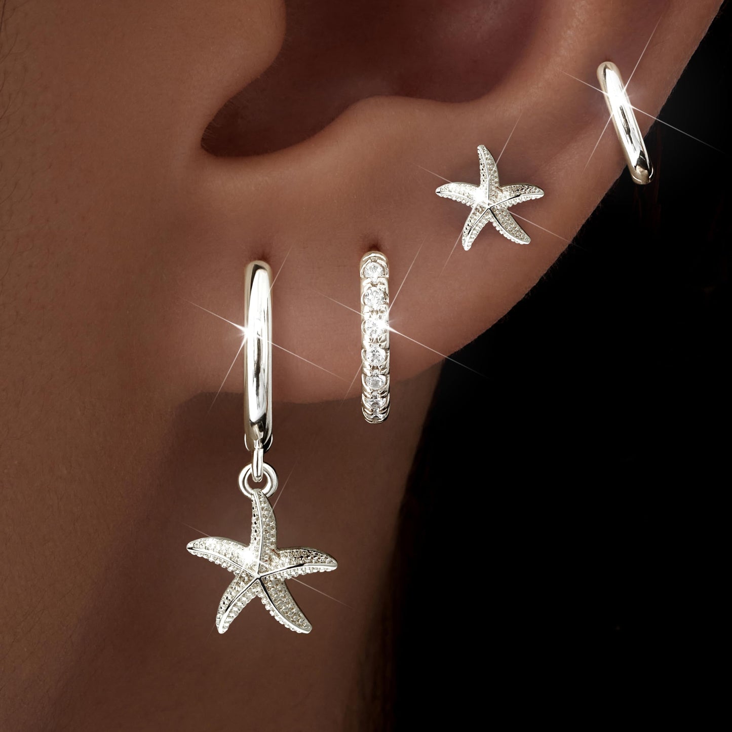 Starfish Earrings Set for Women, Silver Starfish Dangle Stud Hoop Earring Set for Multiple Piercing, Summer Beach Jewelry, Essential for Holiday Earrings