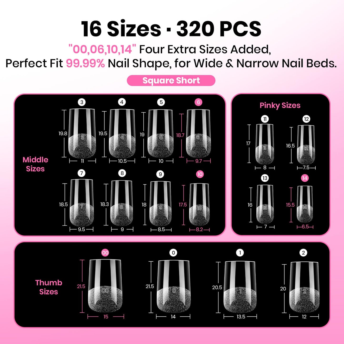 Beetles Gel Nail Tips Square Short, 320pcs 16 Sizes(00-14), Flat-X Pre-Etched Half Matte Full Cover Soft Gel Nail Tips, Natural Clear Press on False Nail Supplies, Easy DIY Nail Extension Salon Art