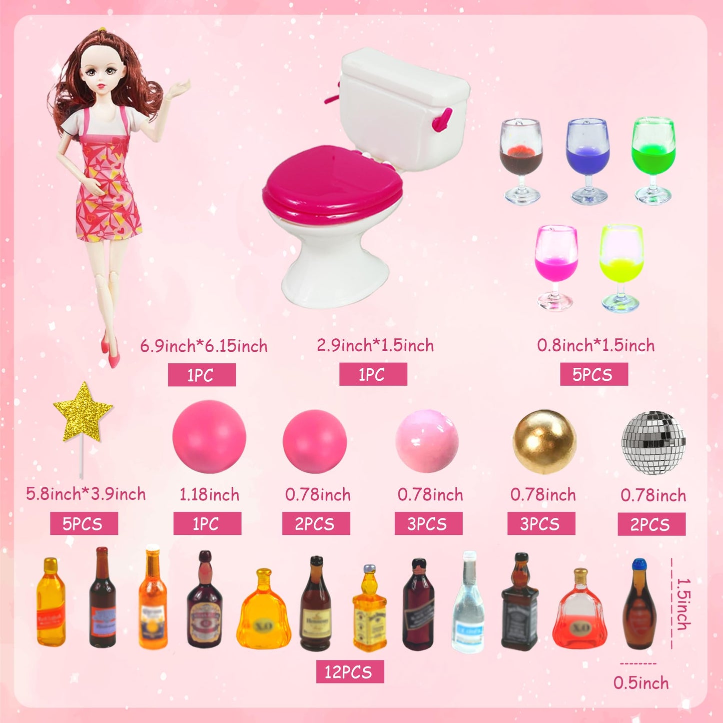 Mini Wine Bottles Cake Toppers With 12 Mini Wine Bottles 5 Mini Wine Glasses 1 Toilet 1 Beauty Doll for Celebrating Birthday Party (Brown)