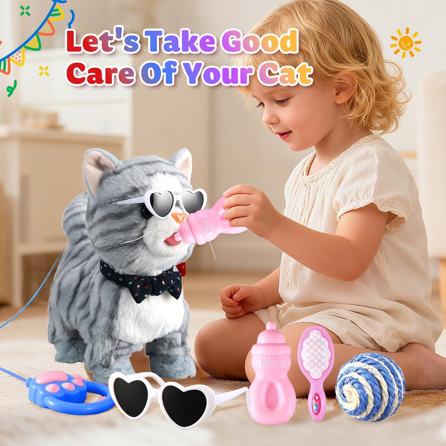 Gray Walking Cat Toy for Girls Kittens Interactive Talking Cat Meows Singing Dancing Mimicking Kitty Toys Set for Baby with Leash Plush Electronic Robot Kitties for Kids Toddlers