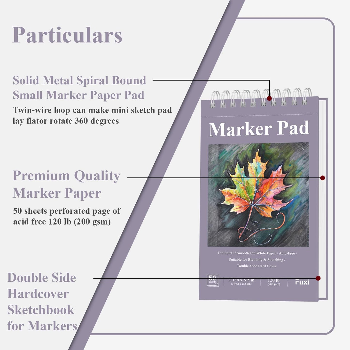 Fuxi Marker Paper Pad, 120lb/200gsm Art Paper of Markers, 2-Pack, 50 Sheets Per Pad (5.5" x 8.5").