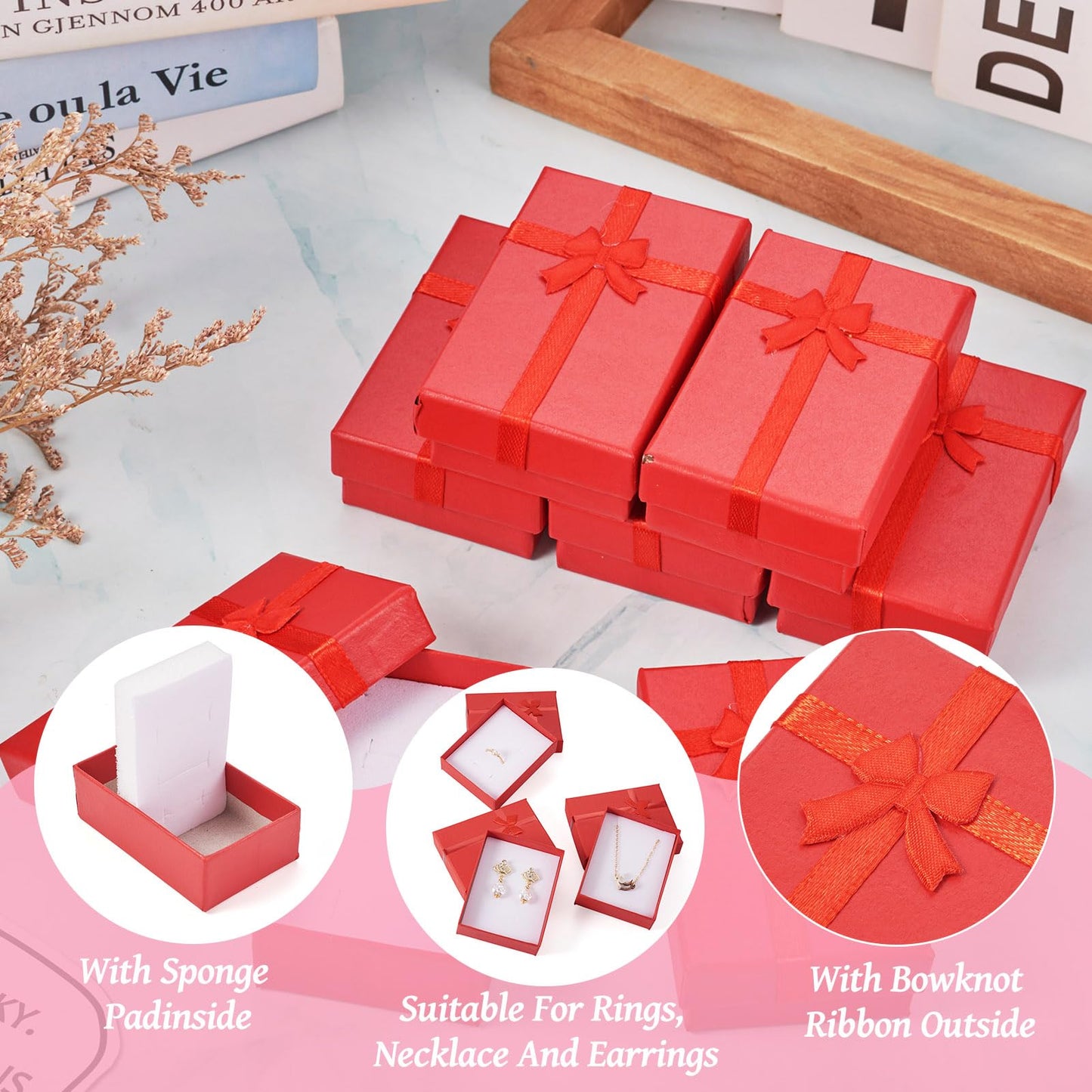 Craftdady 12pcs Red Jewelry Boxes Small Necklace Box Cardboard Jewelry Gift Boxes With Lids Bowknot Ring Earring Boxes for Women Valentines Day Jewelry Gift Packaing Display Organizer