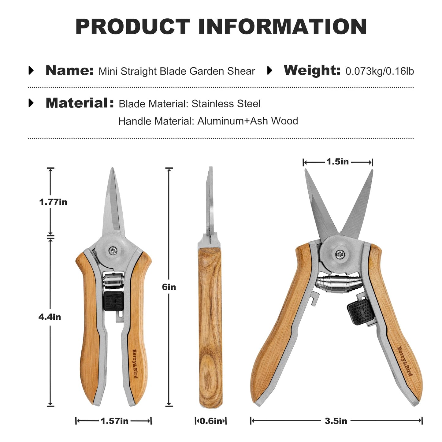 Berry&Bird Mini Pruning Shears for Gardening Straight Blades Hand Pruners with Wooden Handle Garden Scissors Snips Stainless Steel Trimming Small Clippers Bonsai Compact Size Shearing Tool