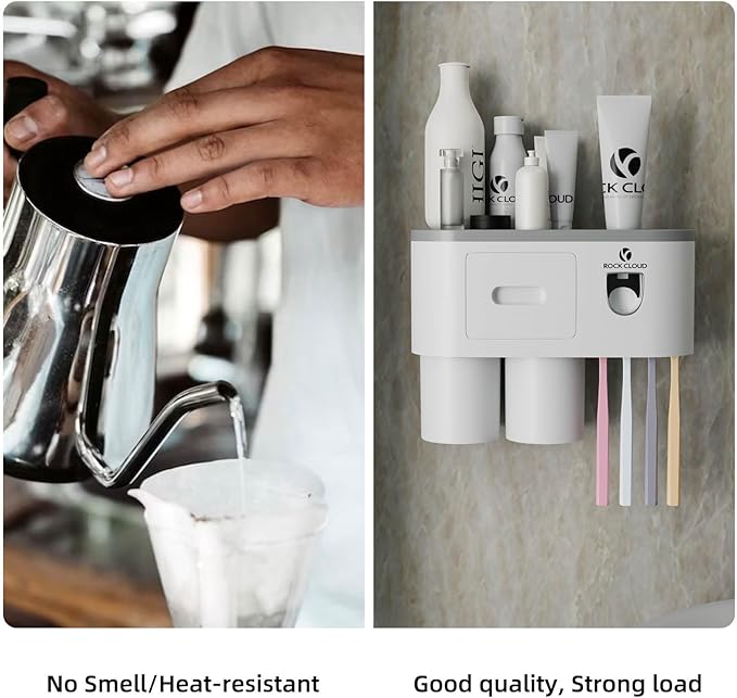 ROCK CLOUD Toothbrush Holder Wall Mounted Automatic Toothpaste Dispenser Squeezer Kit Saving Space, 4 Toothbrush Slots,2 Cups and Drawers for Bathroom