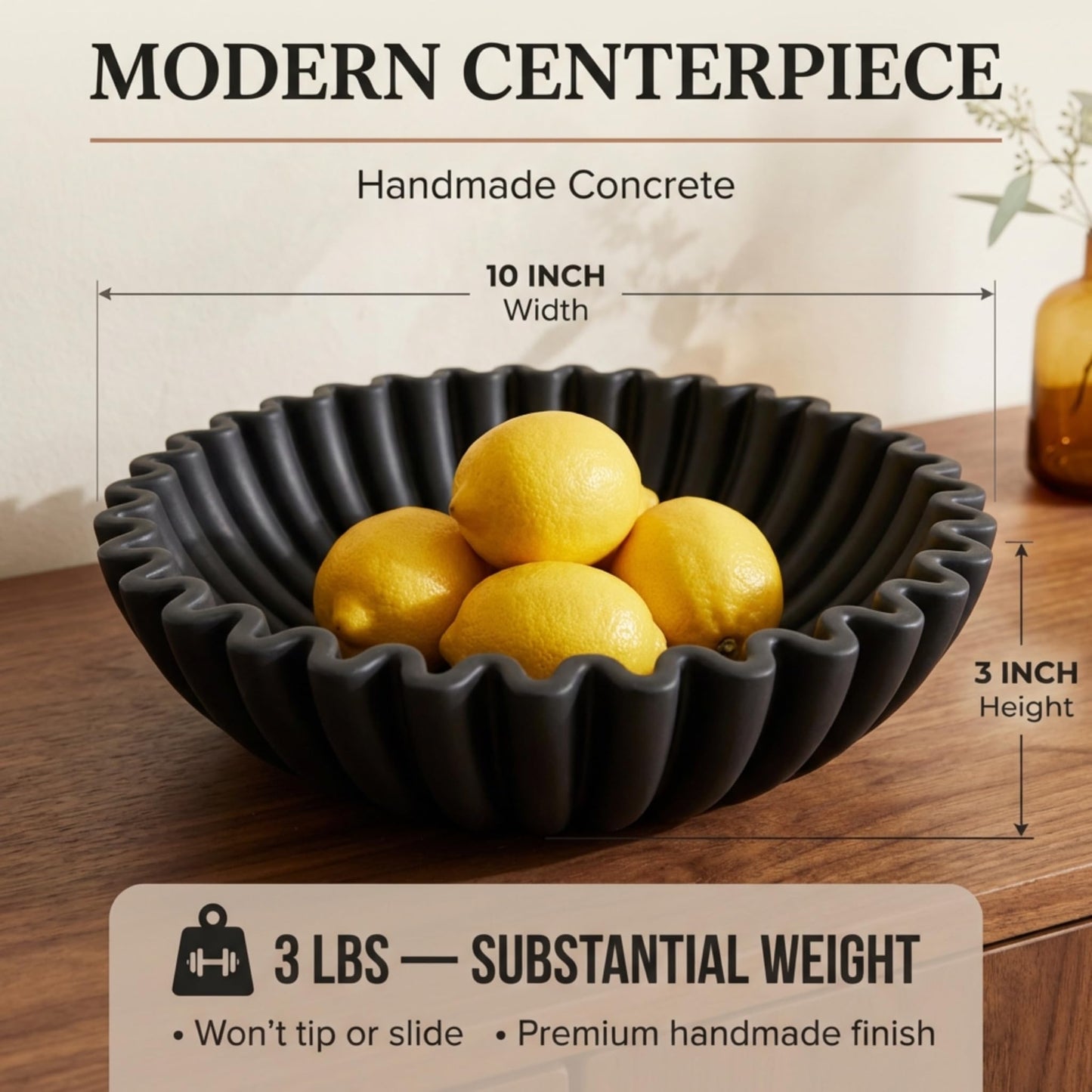 OAKOA Concrete Black Decorative Bowl for Home Decor - Black Fruit Bowl for Kitchen Counter - Black Bowl Decor - Modern Fruit Bowl Black - Centerpiece Bowl