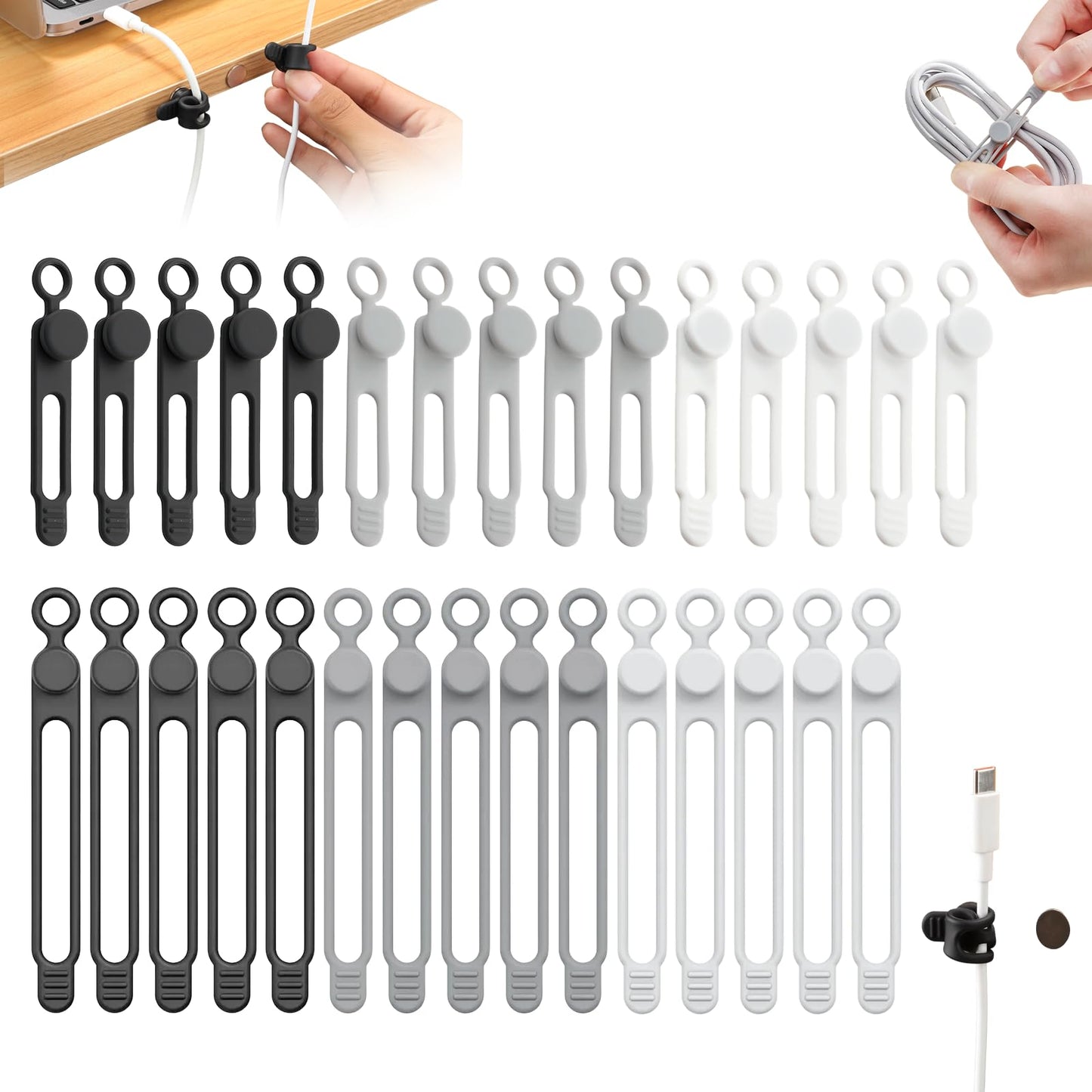 Muxou Silicone Cable Ties, Magnetic Data Cable Organizers Reusable Cable Ties Wire Organizer Adjustable Fastening Cable Straps Magnetic Silicone Cable Straps Cord Organizer for Bundling Earphone