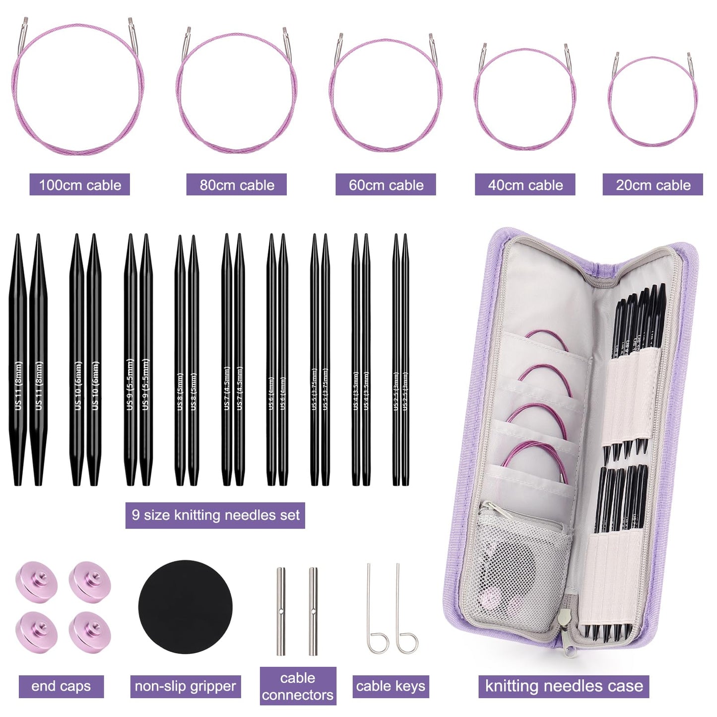 Katech Interchangeable Knitting Needles Set- 9 Pairs Circular Knitting Needles Size 2.5, 4, 5, 6, 7, 8, 9, 10,11, Round Knittings Needle with 5 Cable and Case Accessories for Sweater Sock, Blanket