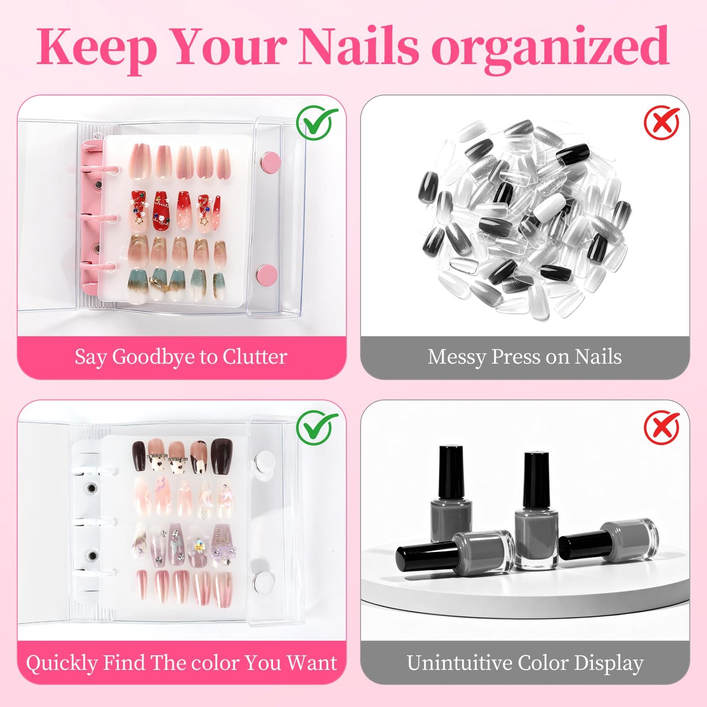 ASTONFOG Press On Nail Organizer, 2Pcs Press On Nail Binder Book with 12 Insert Pages-A8 Sized & Double Sized Tape, Fake Nails Swatch Display Collecting Storage Book(Pink+White)