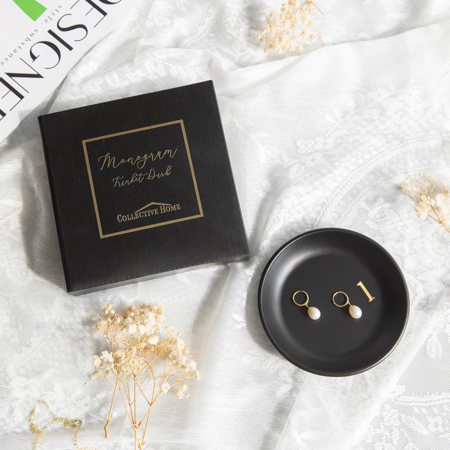 COLLECTIVE HOME - Ceramic Jewelry Tray, Decorative Trinket Dish for Rings Earrings Necklaces Bracelet Watch Keys, Birthday Mother's Day Christmas Gift for Women, 4.75", Black Surface (l)