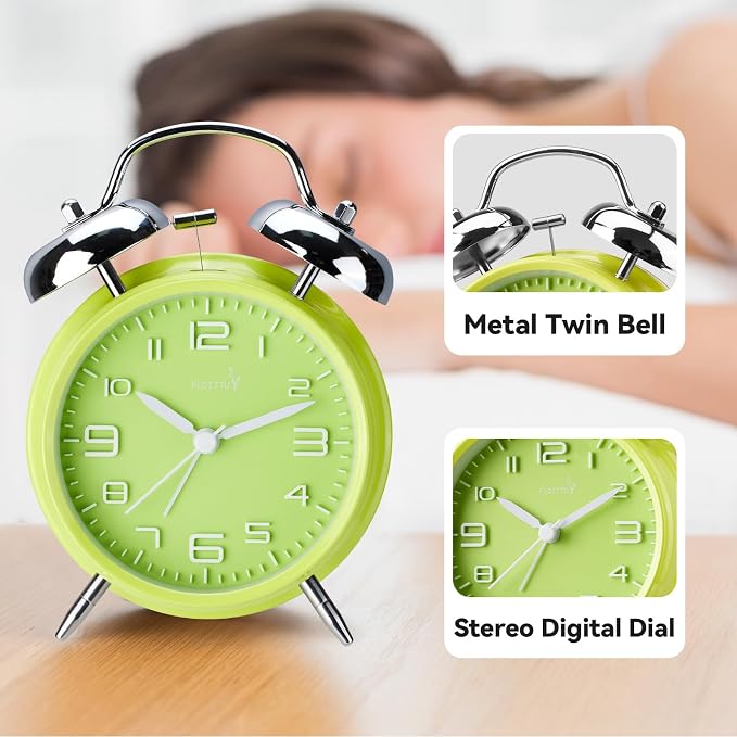 FLOITTUY (Loud Alarm for Deep Sleepers 4'' Twin Bell Alarm Clock, Stereo Digital Dial Alarm Clock with Backlight for Bedroom and Home Decoration(Lime Green)