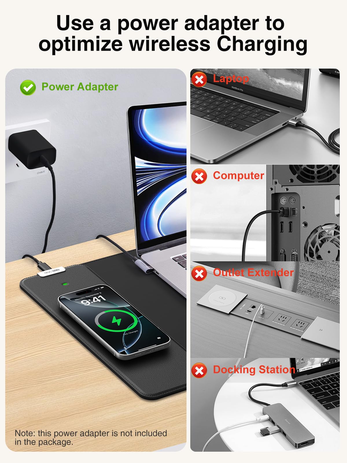 2-in-1 Mouse Pad with Magnetic Wireless Charging, 31.5"x11.8" Large, Waterproof Smooth Surface, Non-Slip Base, No Adapter, Black