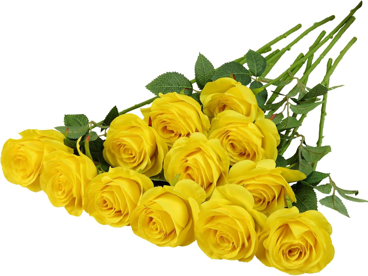 12pcs Yellow Roses Artificial Flowers Fake Roses Silk Flowers Roses with Long Stems for Wedding Home Party Centerpieces Decorations