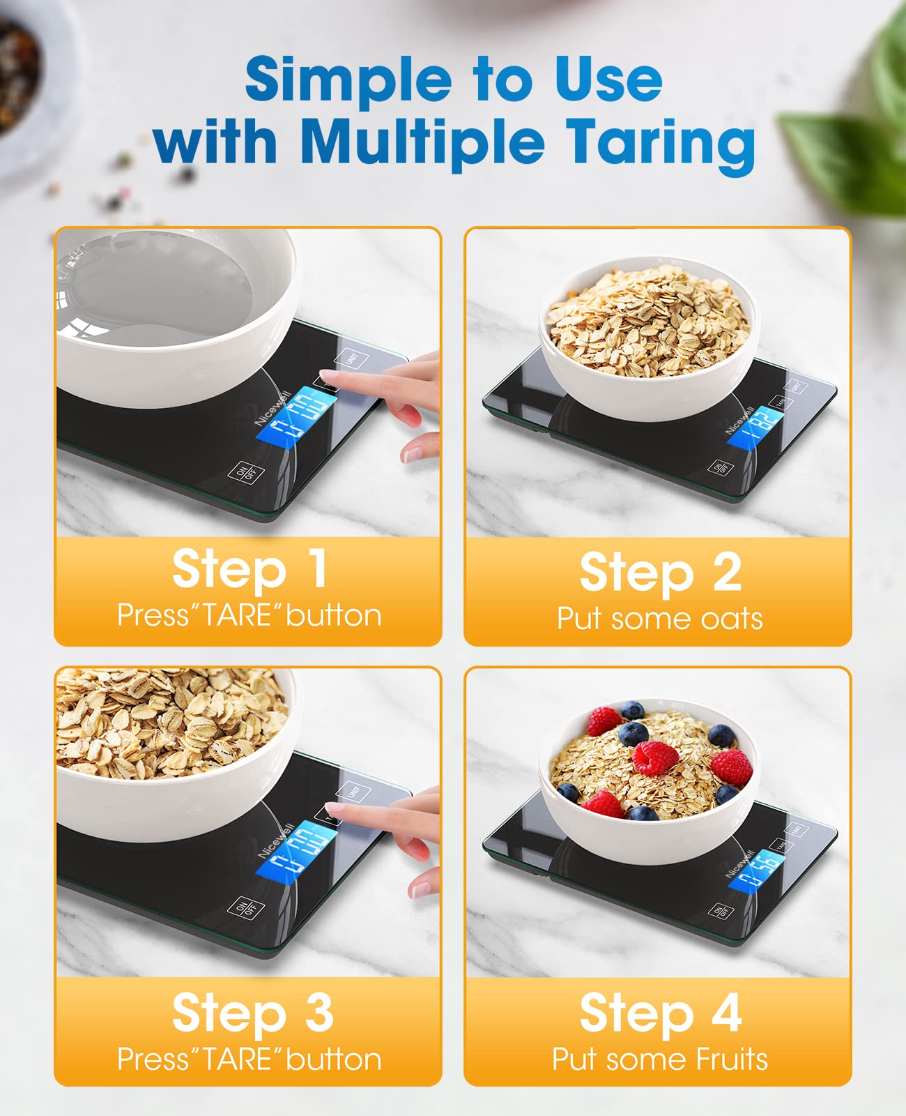 Nicewell Food Scale Digital Weight Grams and oz, 22lb Kitchen Scale for Cooking Baking, 1g/0.1oz Precise Graduation, Sleek Tempered Glass Platform
