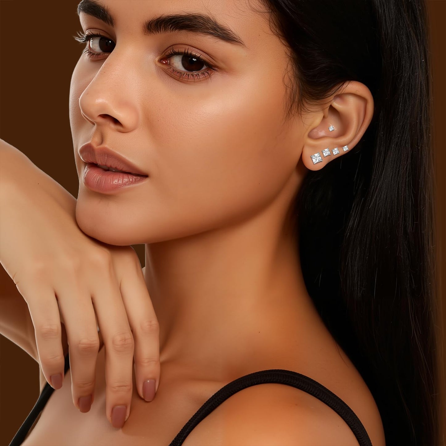 Gemsme 5 Pairs Princess Cut Cubic Zirconia Stud Earrings for Women/Men - 18K White Gold Plated Hypoallergenic 3-7mm Square Clear CZ Earring Set