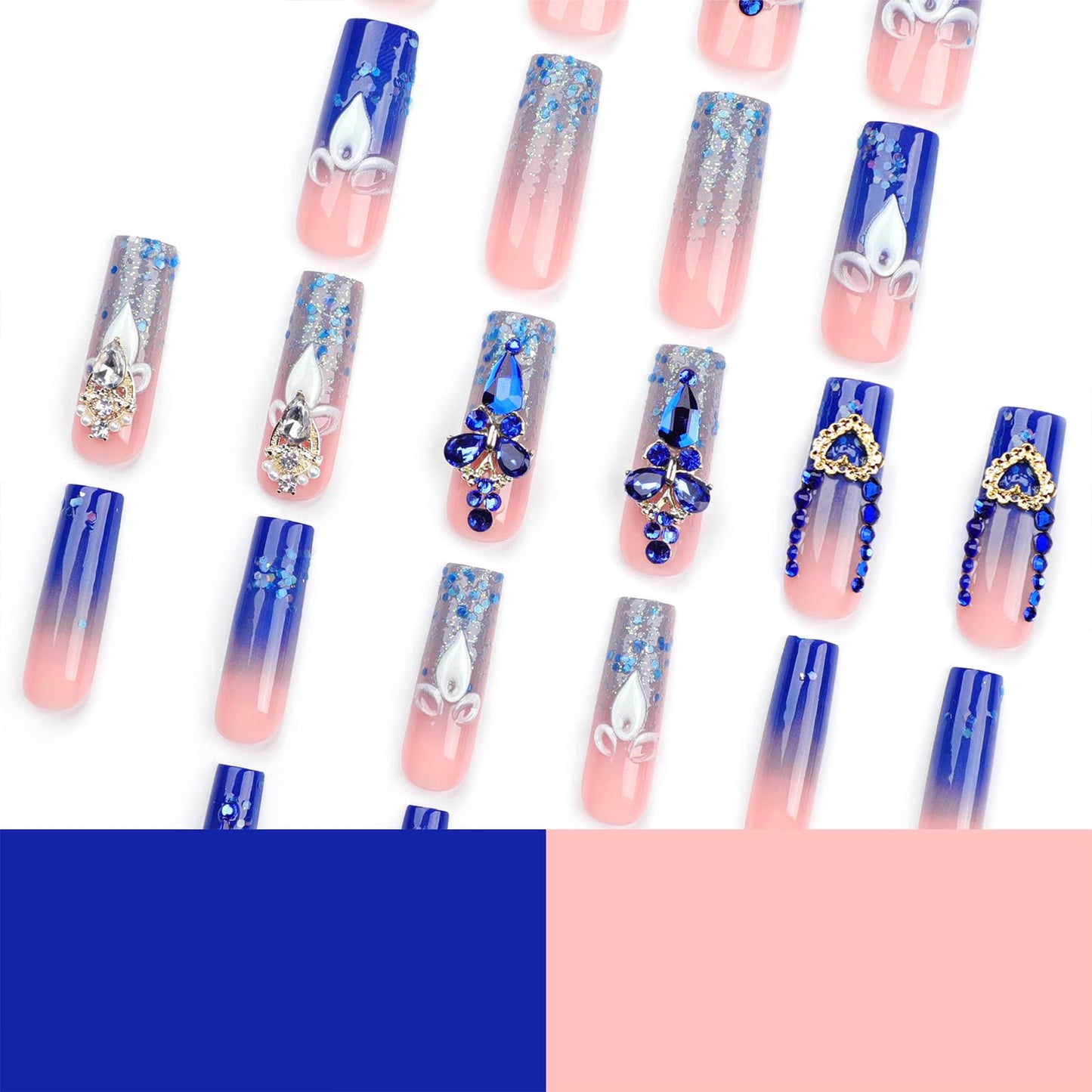IMRAIN Press on Nails Long Square Fake Nails - Blue Gradient, Glitter Powder, Luxurious Butterfly Rhinestone Designs Full Cover Artificial Acrylic Reusable False Nails for Women 24Pcs