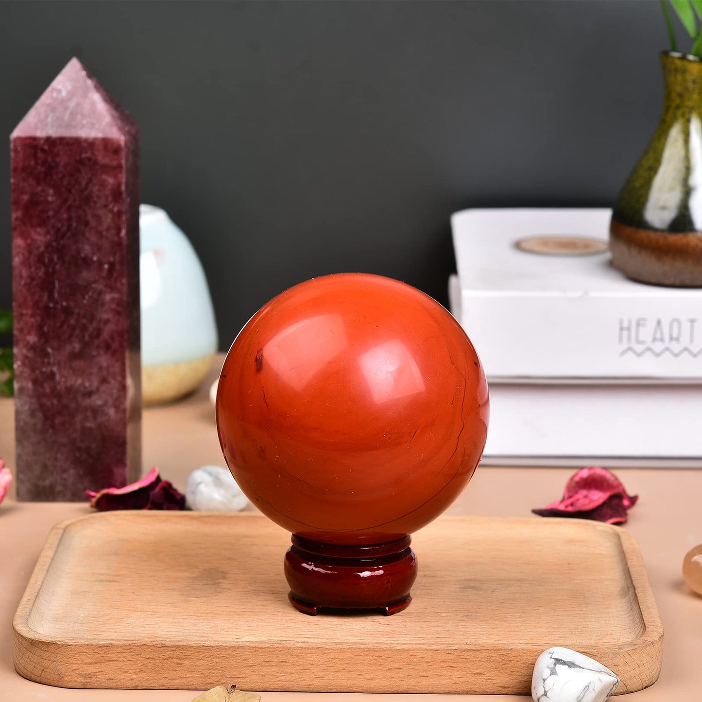 JIC Gem Red Jasper Crystal Sphere Ball Natural Quartz Crystal Sphere Ball with Wooden Stand (50-60mm)