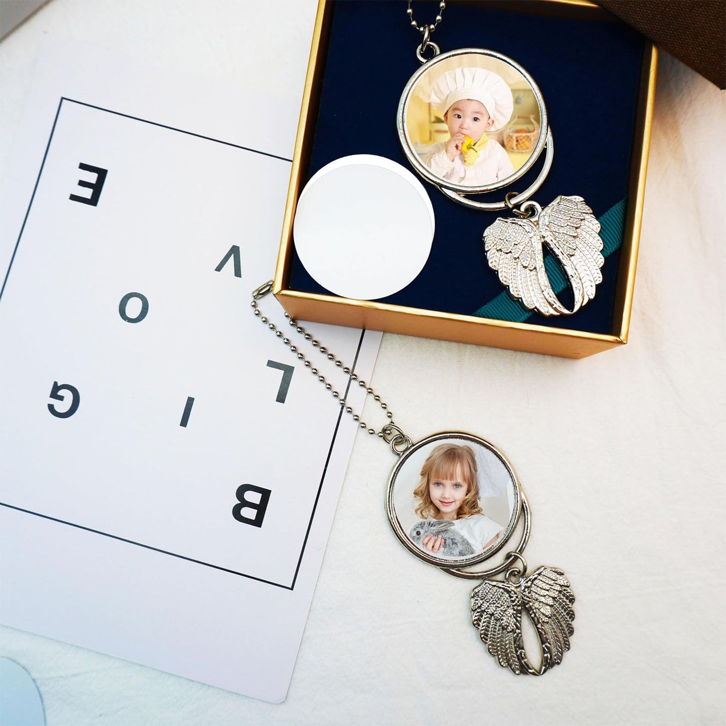 Frinnovan 8 Set Silver Angel Wing Sublimation Blank Car Hanging Ornament Charms Heat Transfer Blank Photo Frame Pendants Customize Keychain for Automobile Rearview Mirror Home Window Ornaments