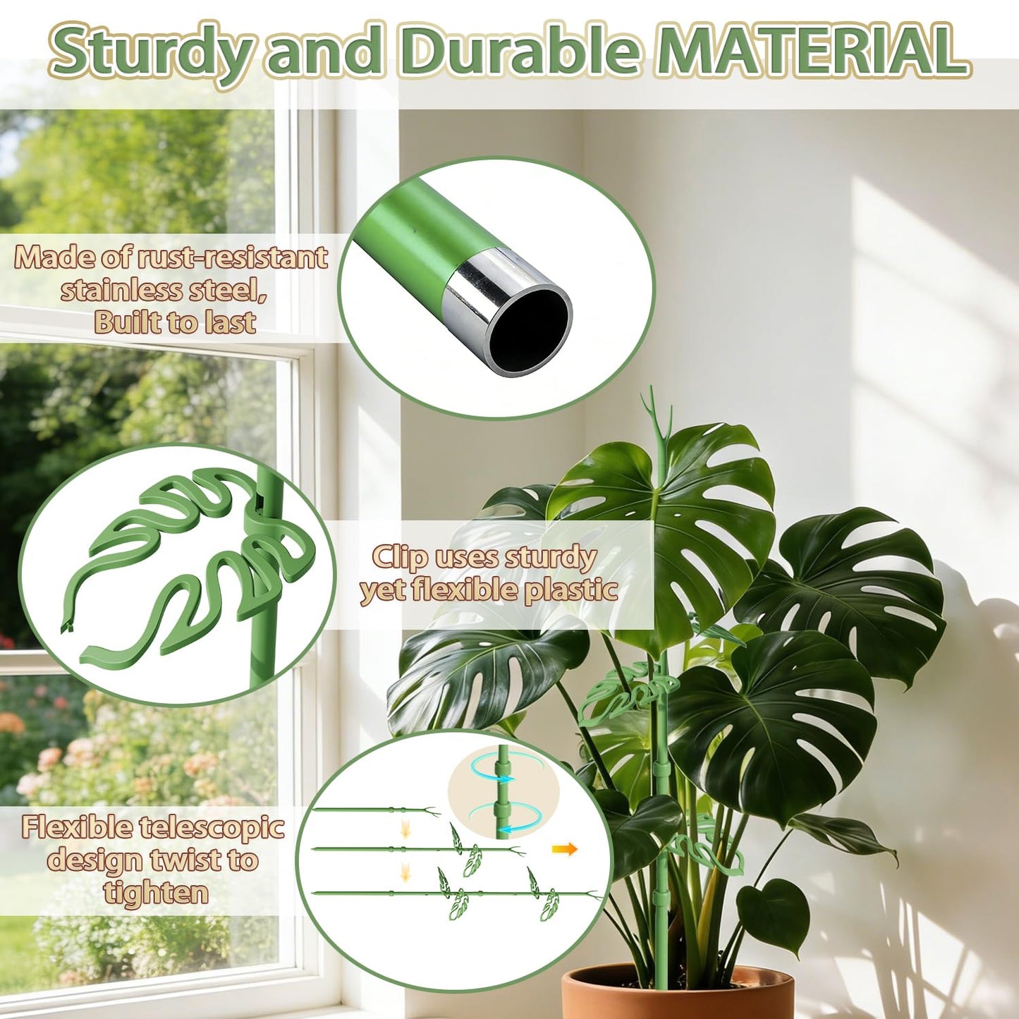 Telescoping Plant Stakes, Detachable Leaf Clips, Monstera Plant Support Stick Adjustable from 21In to 43.3In, Plant Support Stakes Ideal for Indoor, Garden and Climbing Plant, Vegetables - 2 Pack