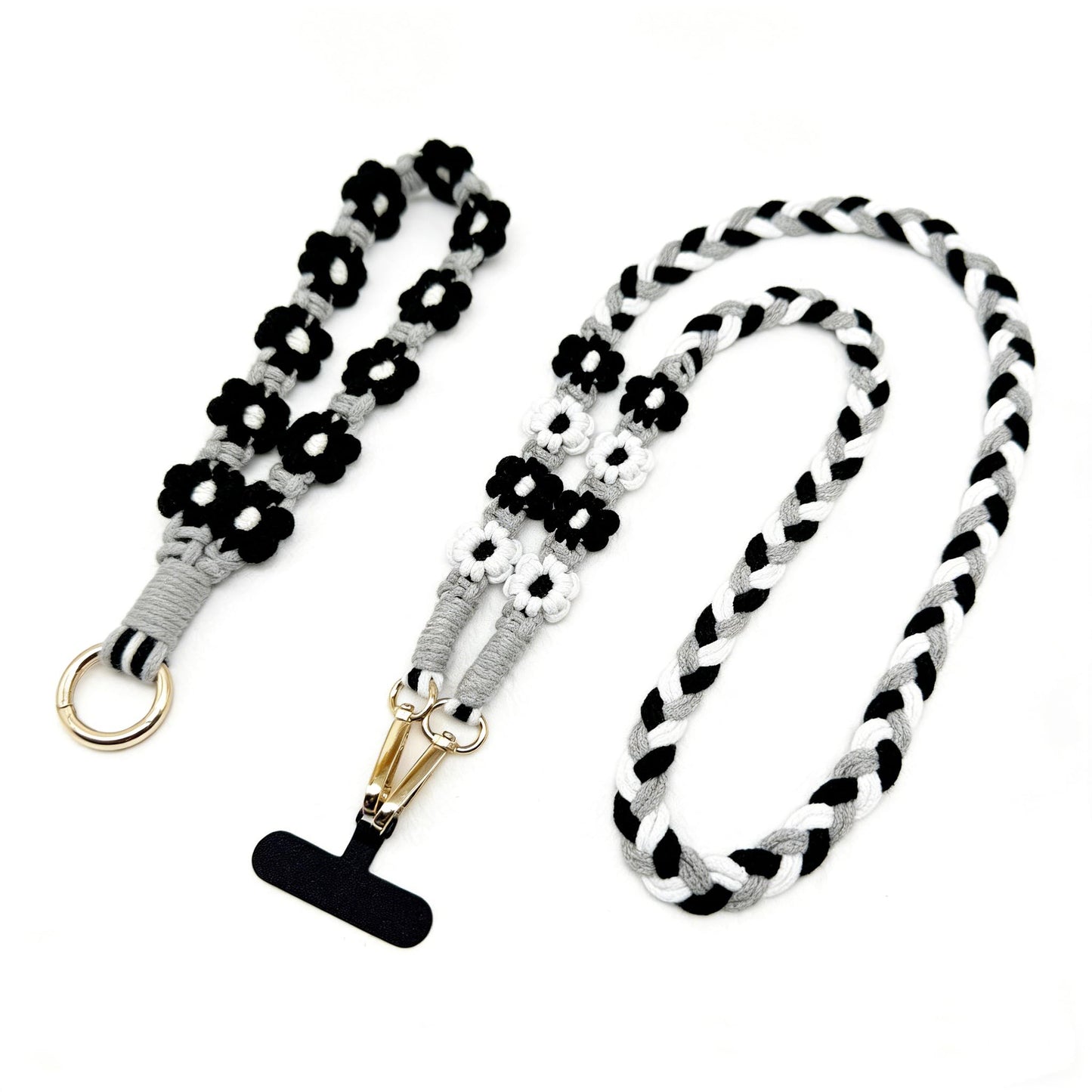 HuanHengOn 2PCS Handmade Bohemian Daisy Wristlet Keychain & Necklace Set, Boho Bag Charm & Shoulder Strap, Lanyard for Car Keys, Phone, USB Drive, Ideal Gift for Women & Girls