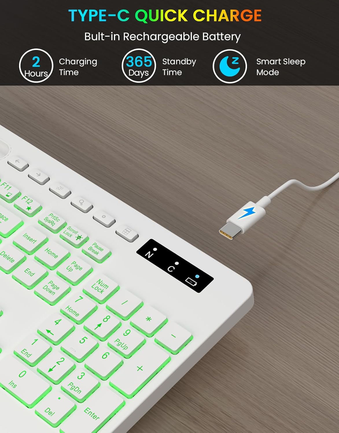 Wireless Keyboard with 7 Colored Backlit, Wrist Rest, Phone Holder, Rechargeable Ergonomic Computer Keyboard with Silent Keys, Full Size Lighted Keyboard for Windows, MacBook, PC, Laptop (White)