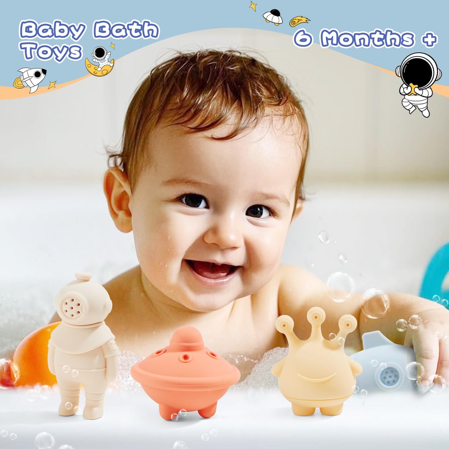 AMCHSURI Bath Toys, Space & Rocket 4 Pack | Dishwasher-Safe & Mold Free Silicone Bath Toys | Soft, Squeezable & Float on Water | Soft & Easy-Grip Baby & Toddler Bath Toy Set | Baby Pool Toys