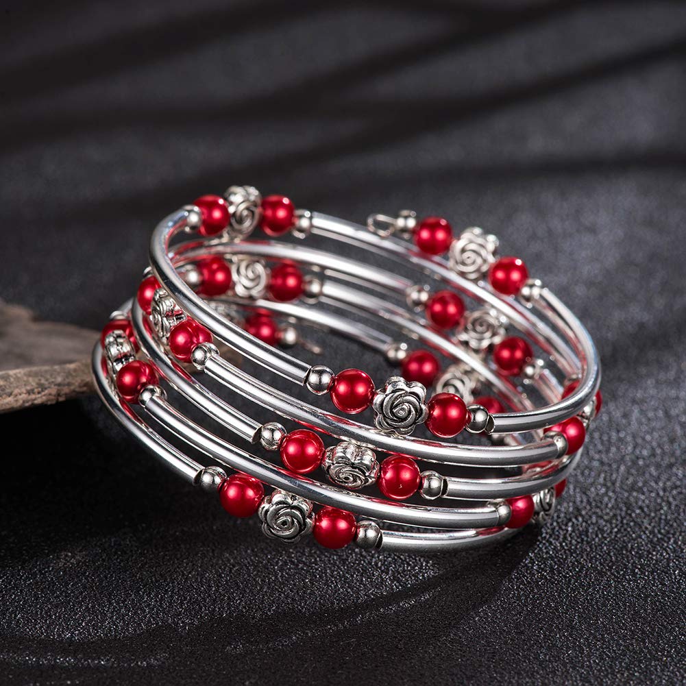 BULINLIN Wrap Bangle Rose Bead Bracelet - Beaded Bracelet with Natural Agate Stone Gifts For Women(01-Red pearl)