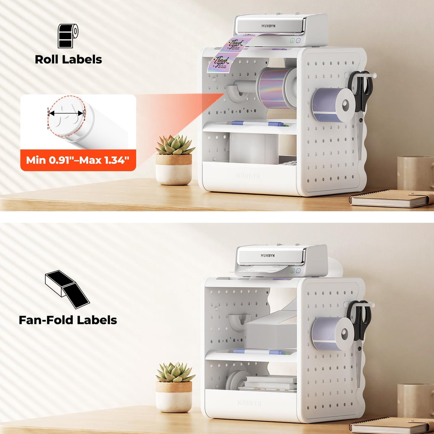 MUNBYN ILH03 4x6 Thermal Label Holder, 5-in-1 Sticker Holder with 3-Tier Shelf, Drawer, Hooks & Pegboard, for Shipping Label Printing, Office, Small Business, Home