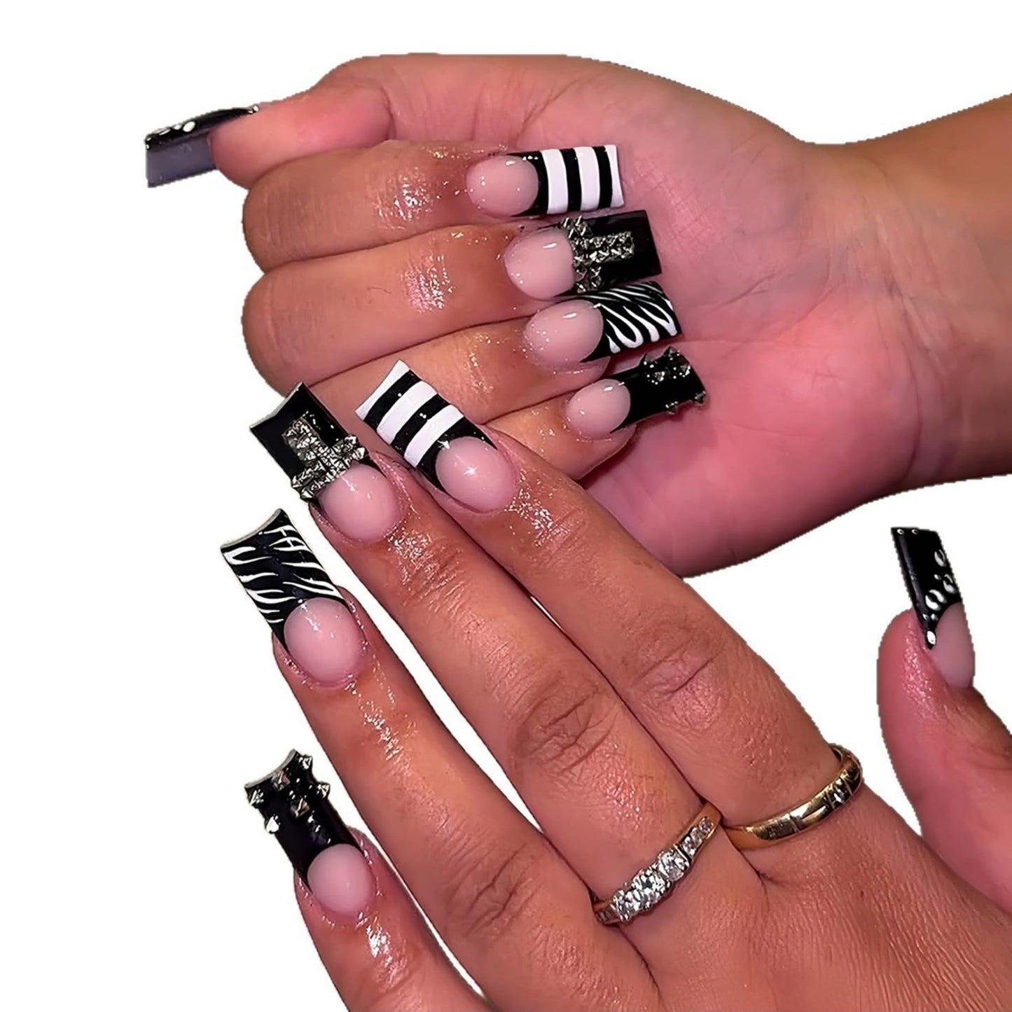 Long Press on Nails Square Fake Nails Black Acrylic Nail Press Ons Seeneey Y2K Stripes Glossy Stick on Nail for Women 24pcs