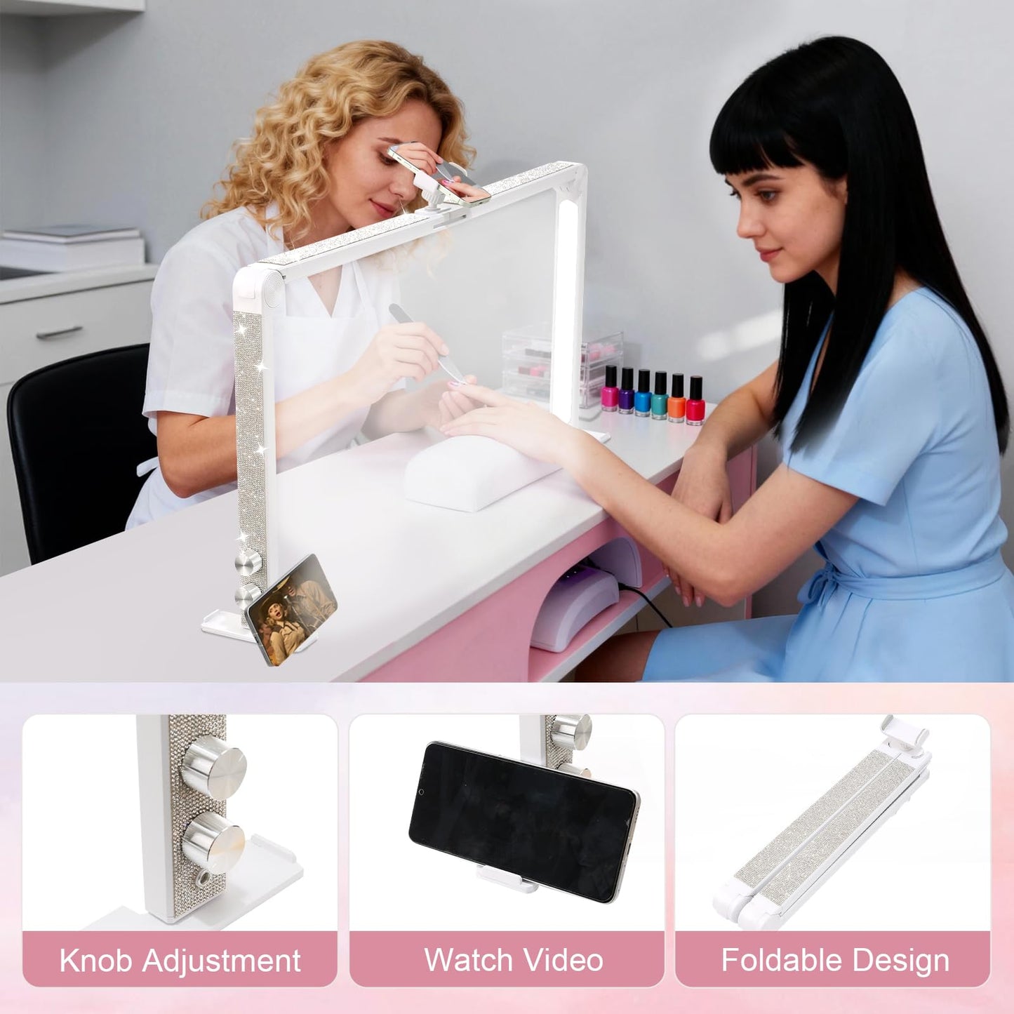 Ciyebst Nail Tech Lamp for Desk, 34 in Large Half Moon Light with Phone Holder, 48W Brightness Adjustable Lash ARC Light for Manicure, Tattoo, Spa, Salon, 3000K-6000K LED Manicure Lamp