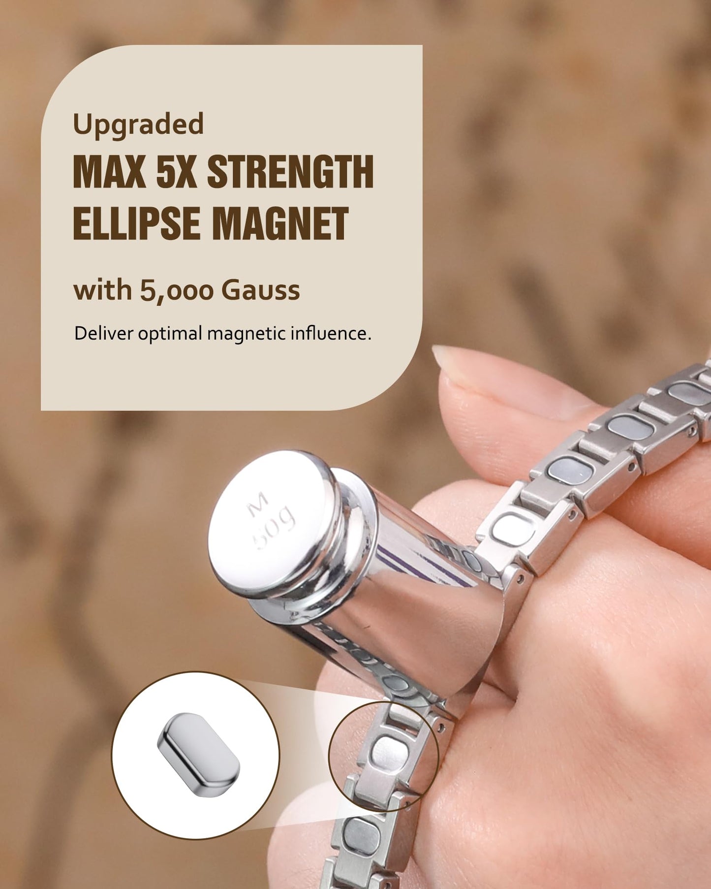 Jecanori 5X Strength Magnetic Bracelets for Women —Updated 5,000 Gauss Ellipse Magnets — Premium Butterfly Clasp & Adjustable Length,Silver,Golden