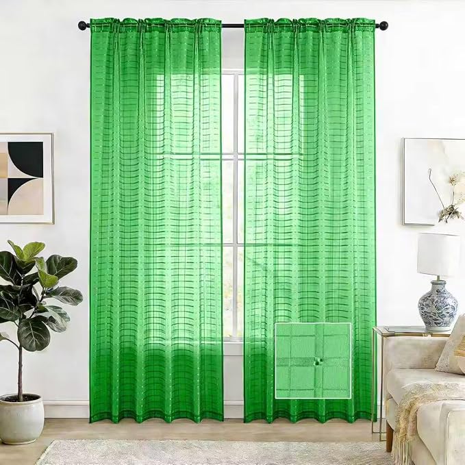SpaceDresser Check Sheer Curtains 96 Inches 2 Panels Set, Rod Pocket Plaid Window Curtain for Living Room, Green Semi Sheer Drapes for Kitchen Bedroom Children Room Yard（Green, 52W x 96L）