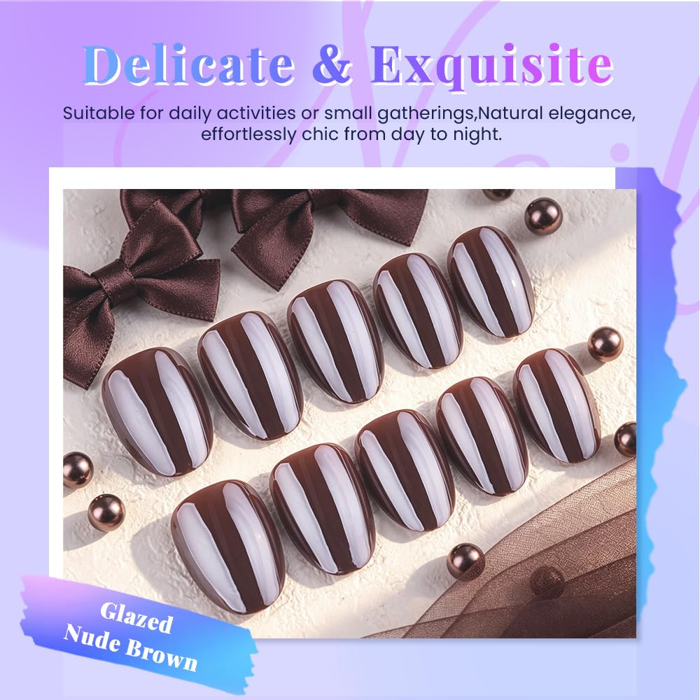 evpct Dark Brown Glazed Press on Nails Short Oval, Extra Short Chrome Metallic Aurora Stick on Nail for Women, Reusable Full Cover Soft Press on Fake Nail Perfectly Fit