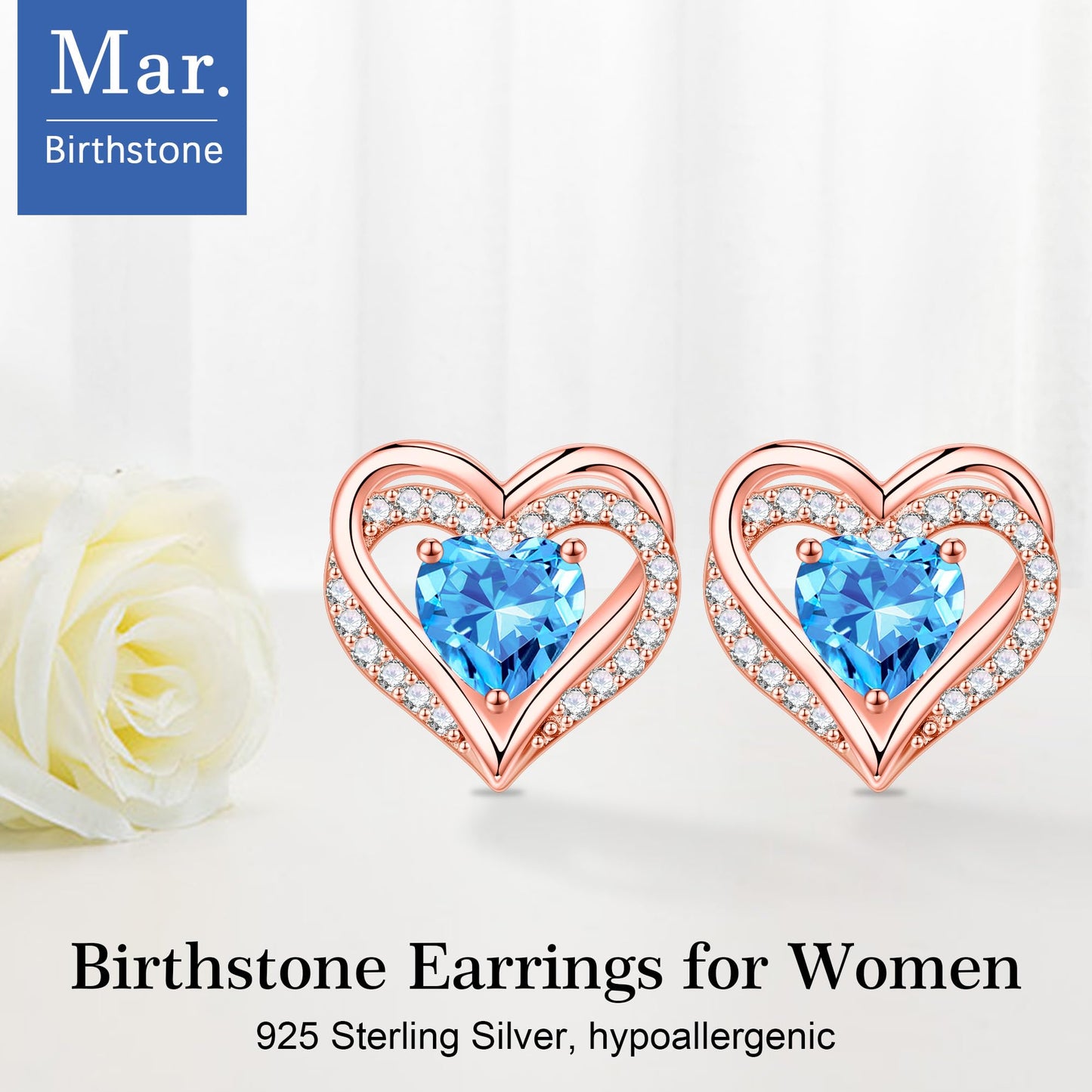 Iefil Earrings for Women, 925 Sterling Silver March Birthstone Blue Aquamarine Earrings Rose-Gold-Plated Heart Stud Earrings