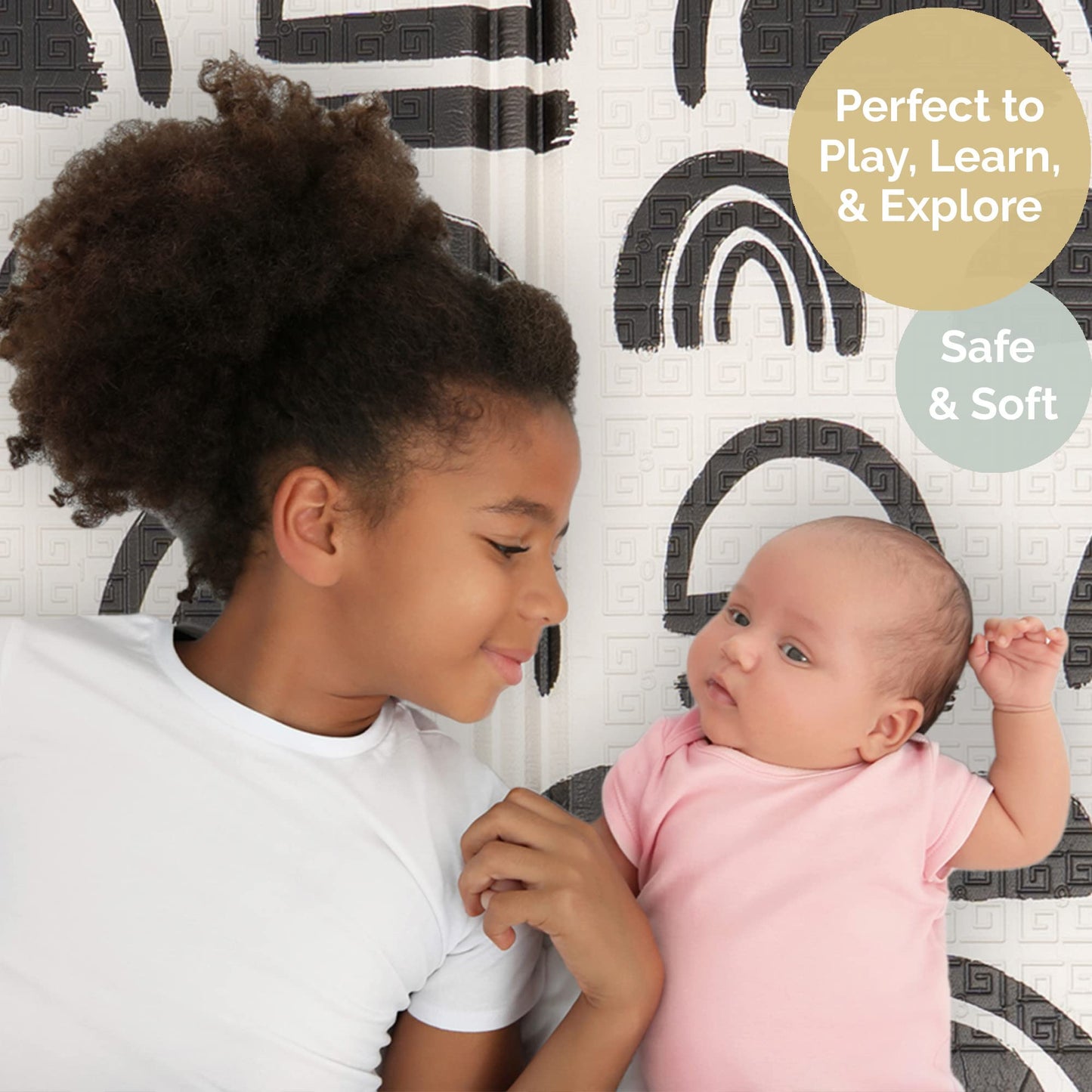 JumpOff Jo Baby Play Mat - Extra Large Folding Foam Play Mat for Infants, Babies, Toddlers, Waterproof, Double-Sided (77" x 70") - Black and White