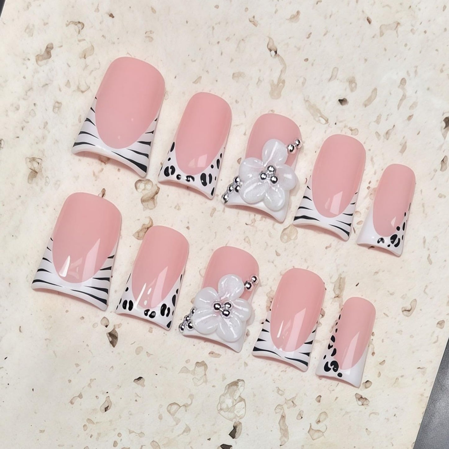 Handmade Press on Nails Short Duck Stick on Nails Zebra Stripes French Tip Fake Nails 3D HandmadeFlowers with Designs Thick Full Cover Acrylic Nails False Nail for Women（M)